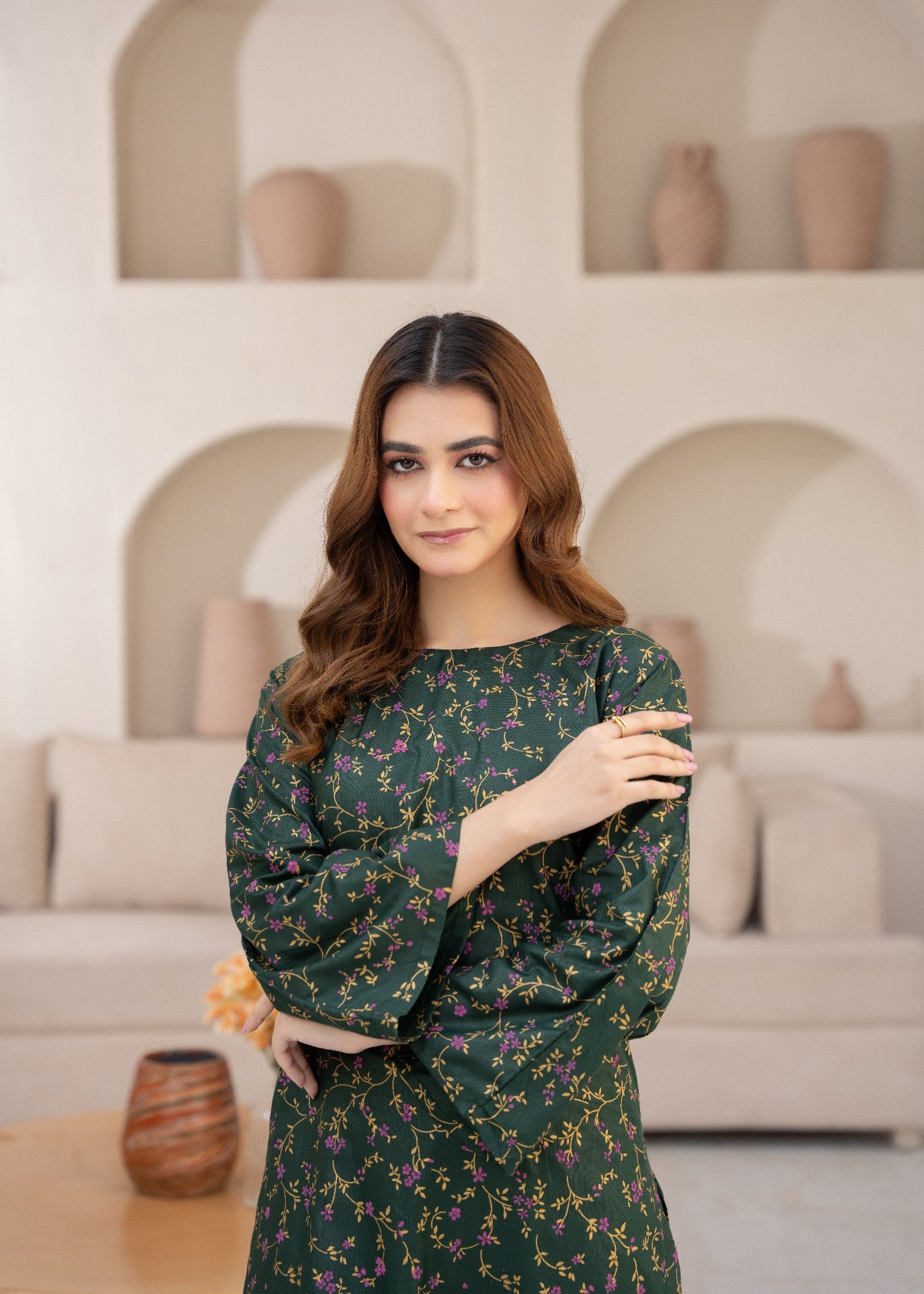 linen Kurta Set in Bottle green
