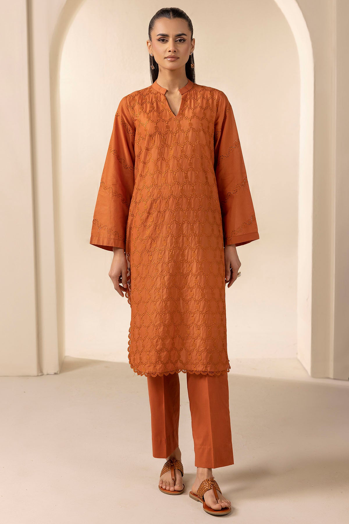 cambric Kurta Set in Tan brown