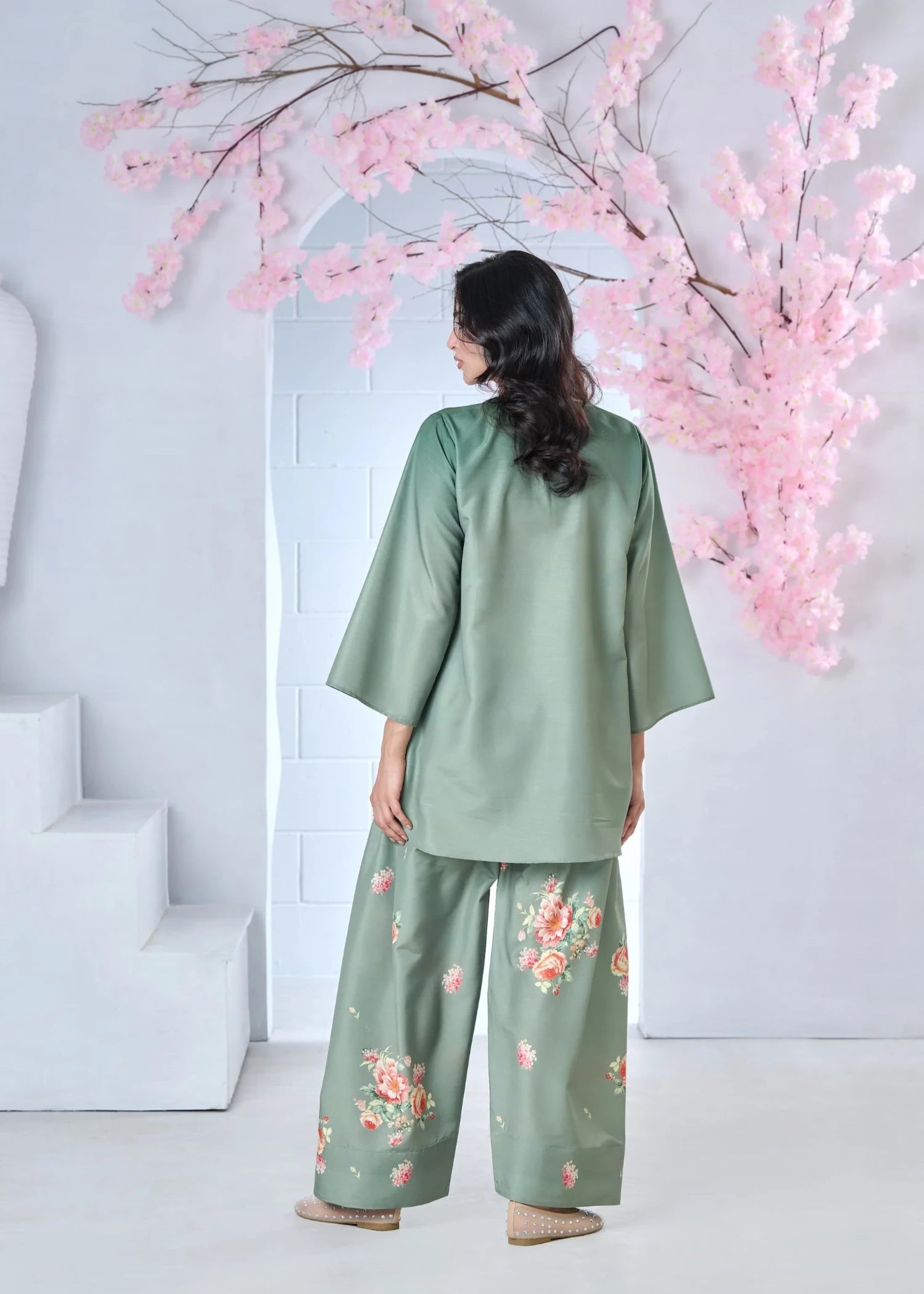 raw silk Kurta Set in Steel teal