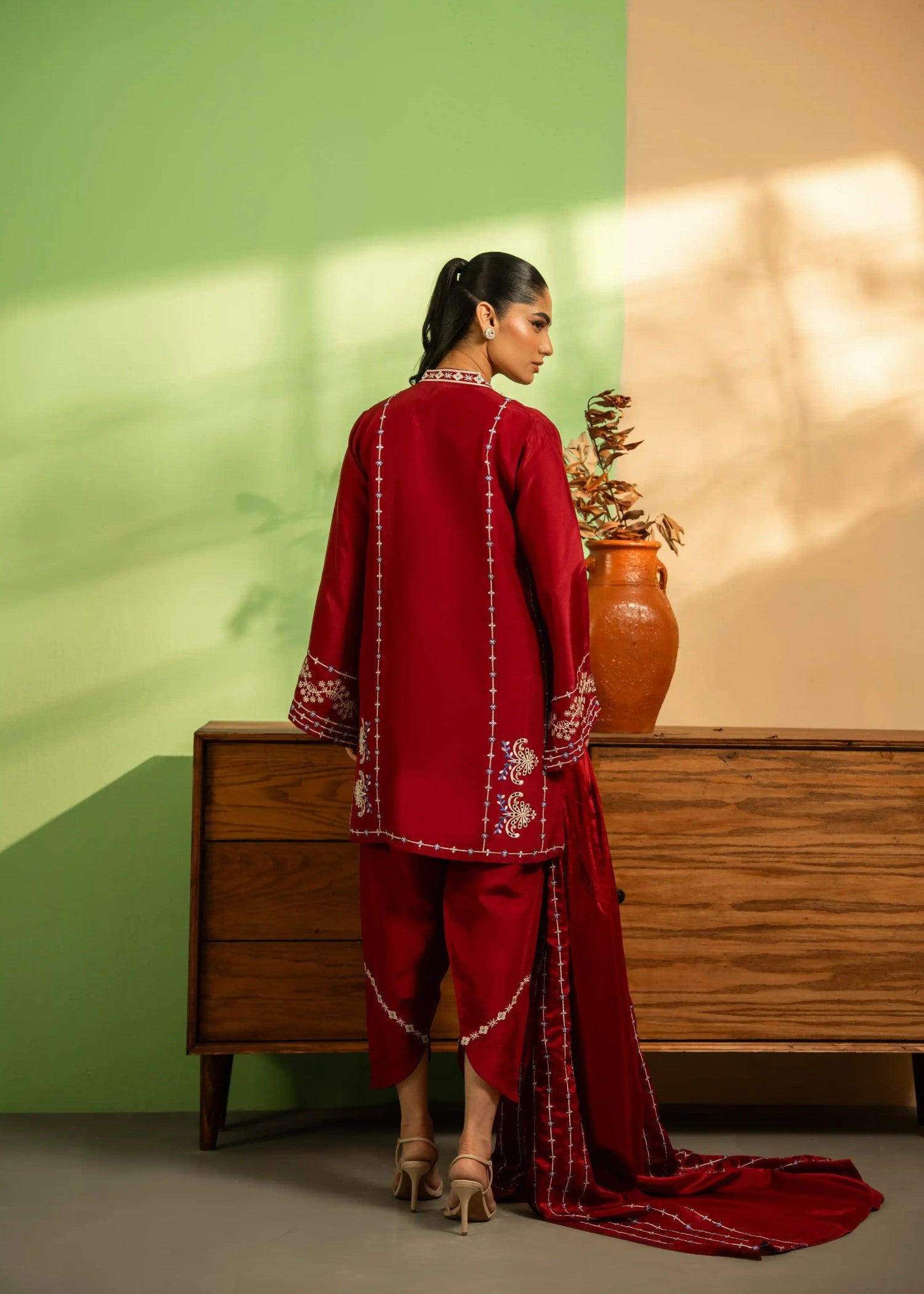 khaddi silk Kurta Set in Crimson