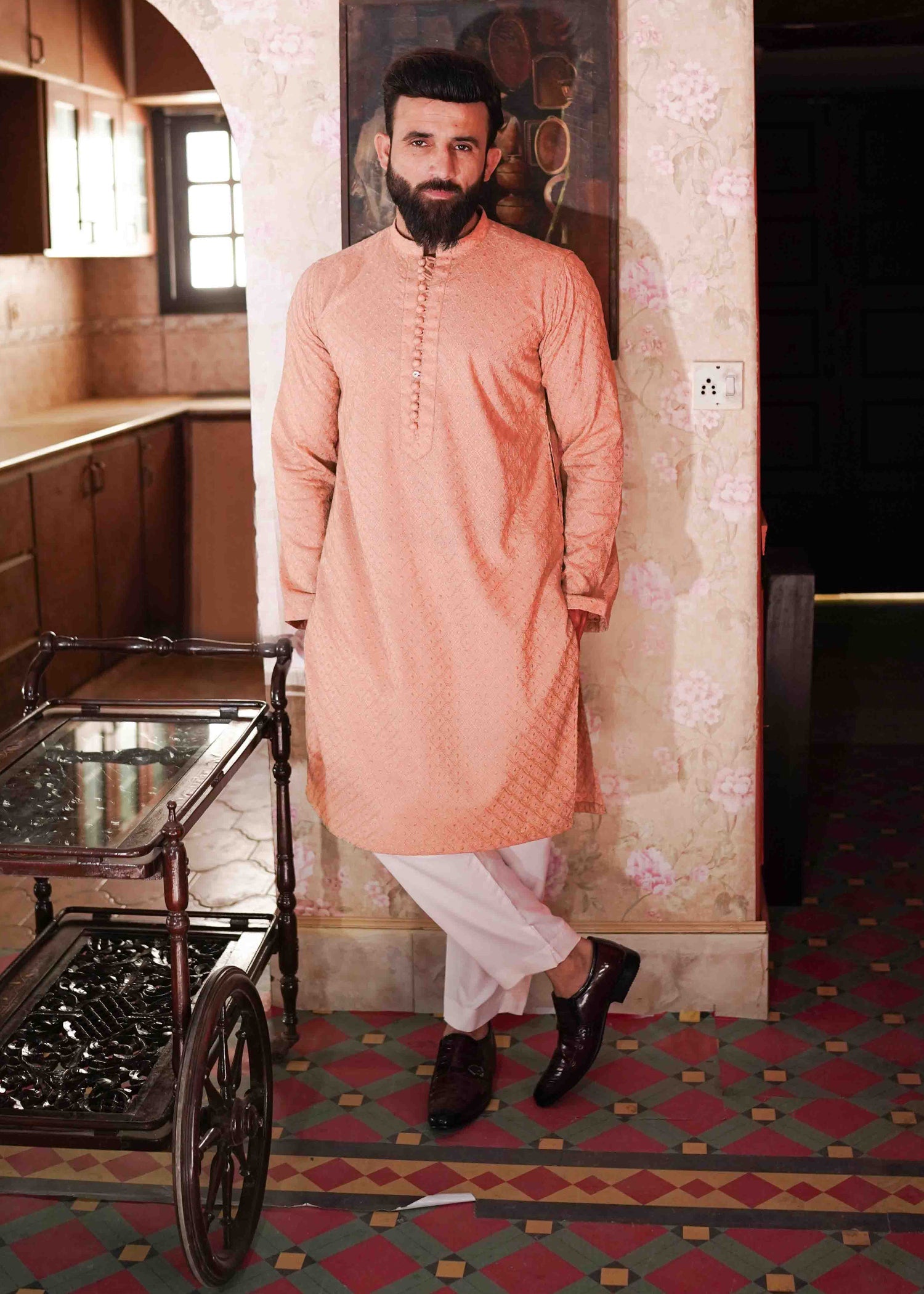 chikankari cotton Kurta in Peach orange
