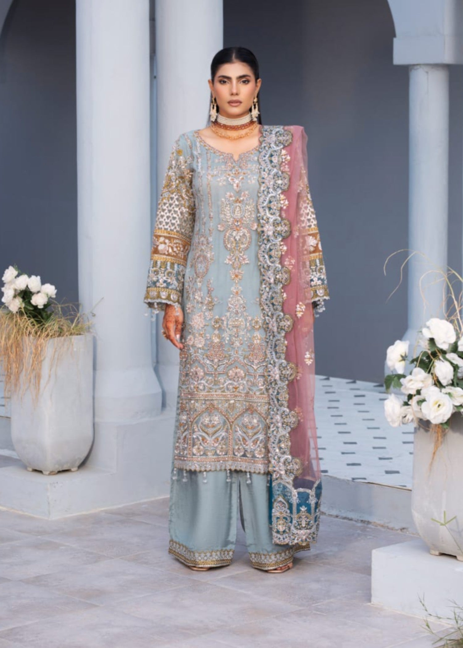net Kurta Set in Slate grey