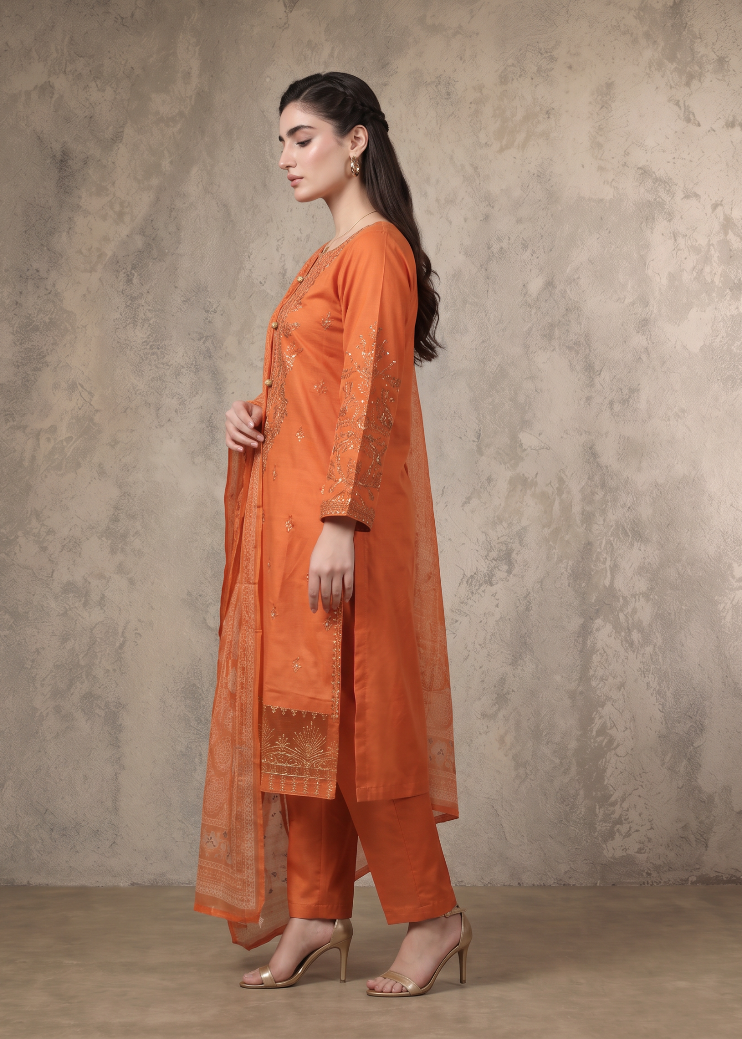 khaddi net Kurta Set in Coral pink