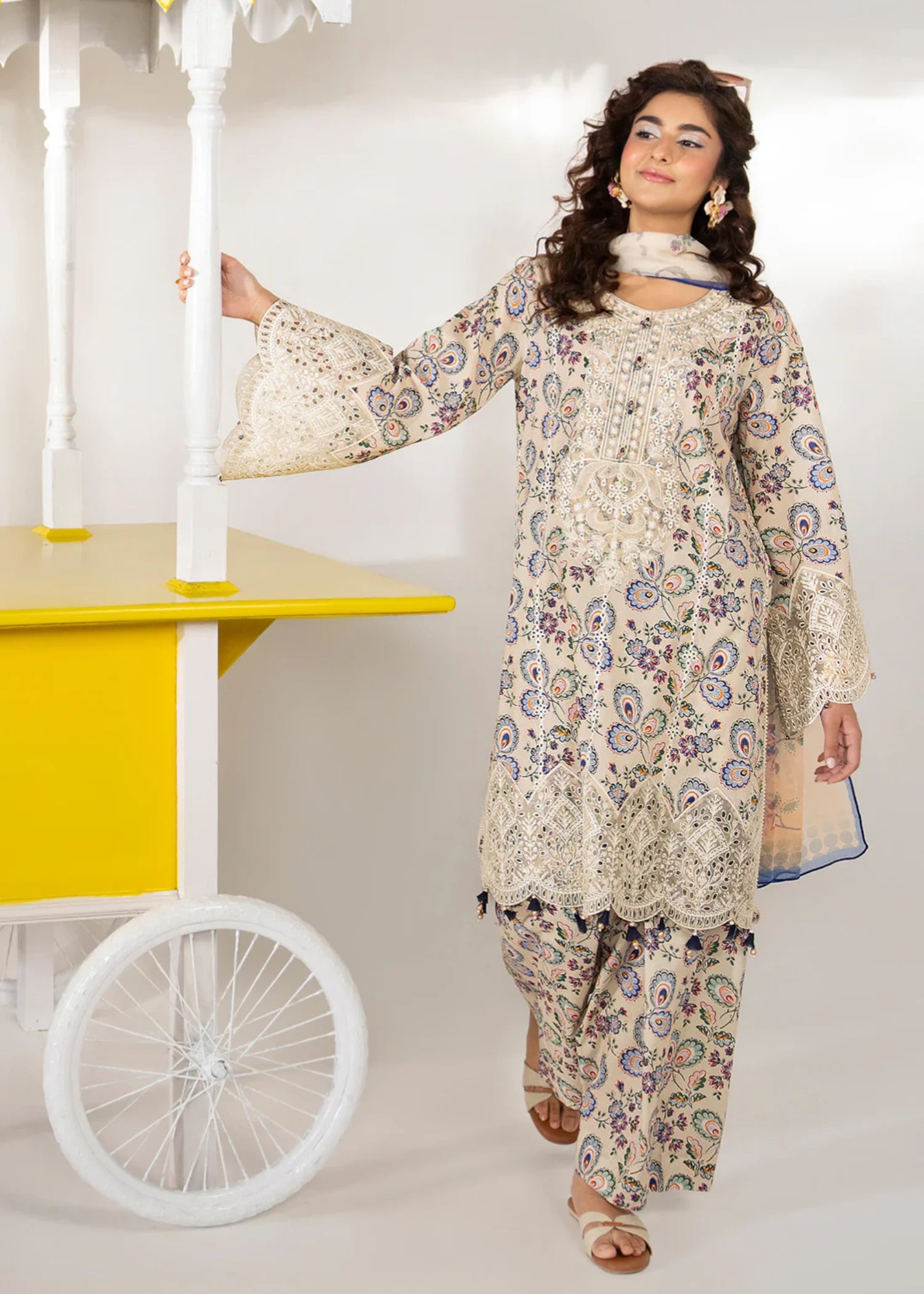 lawn cotton Kurta Set in Beige, multi