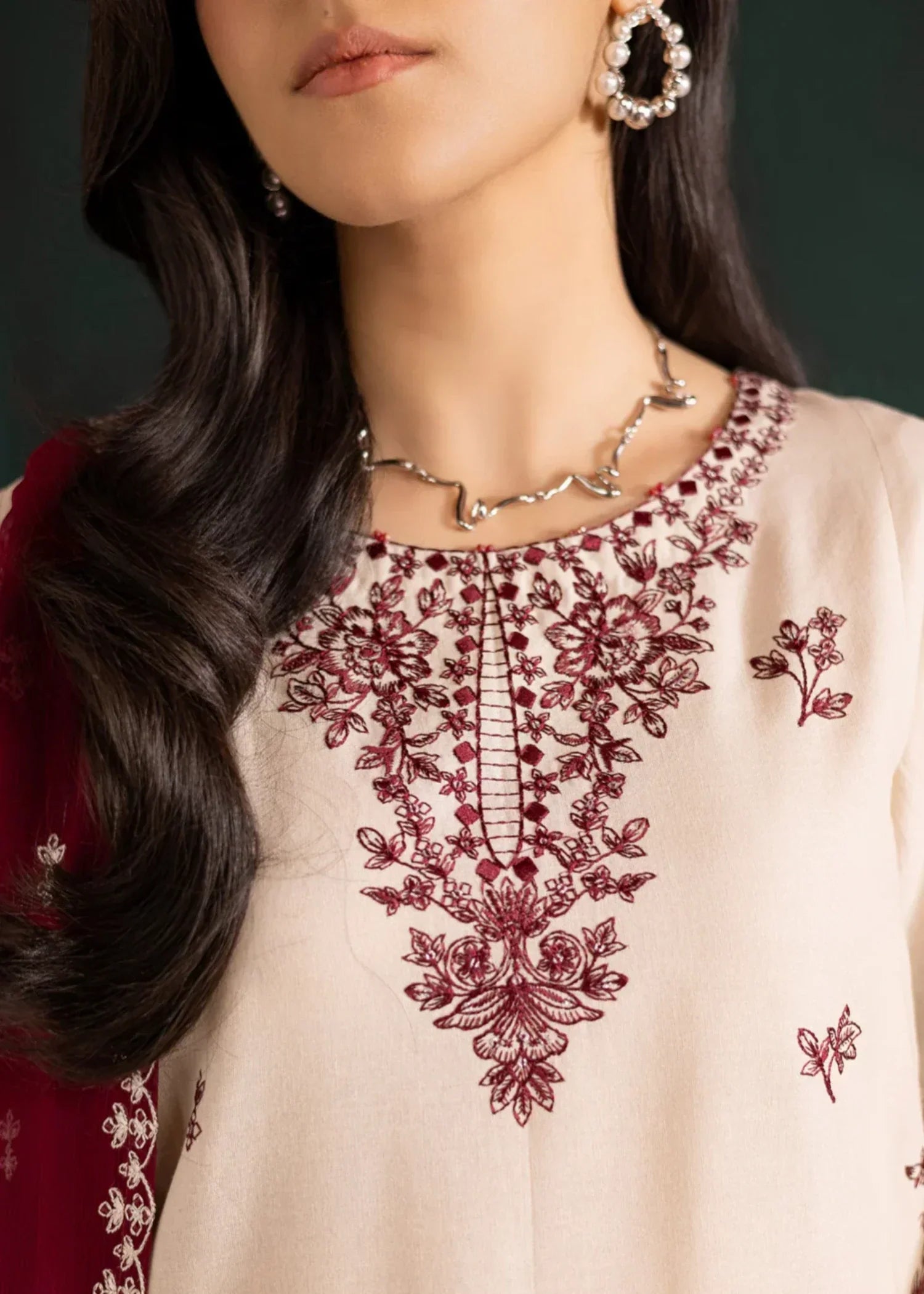 dhanak linen Kurta Set in Maroon, cream