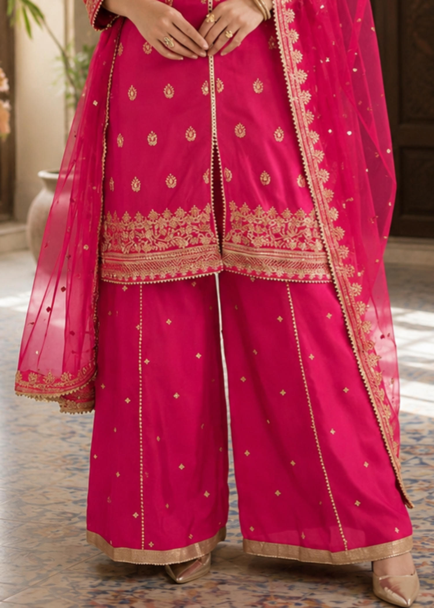 silk Sharara in Ruby red