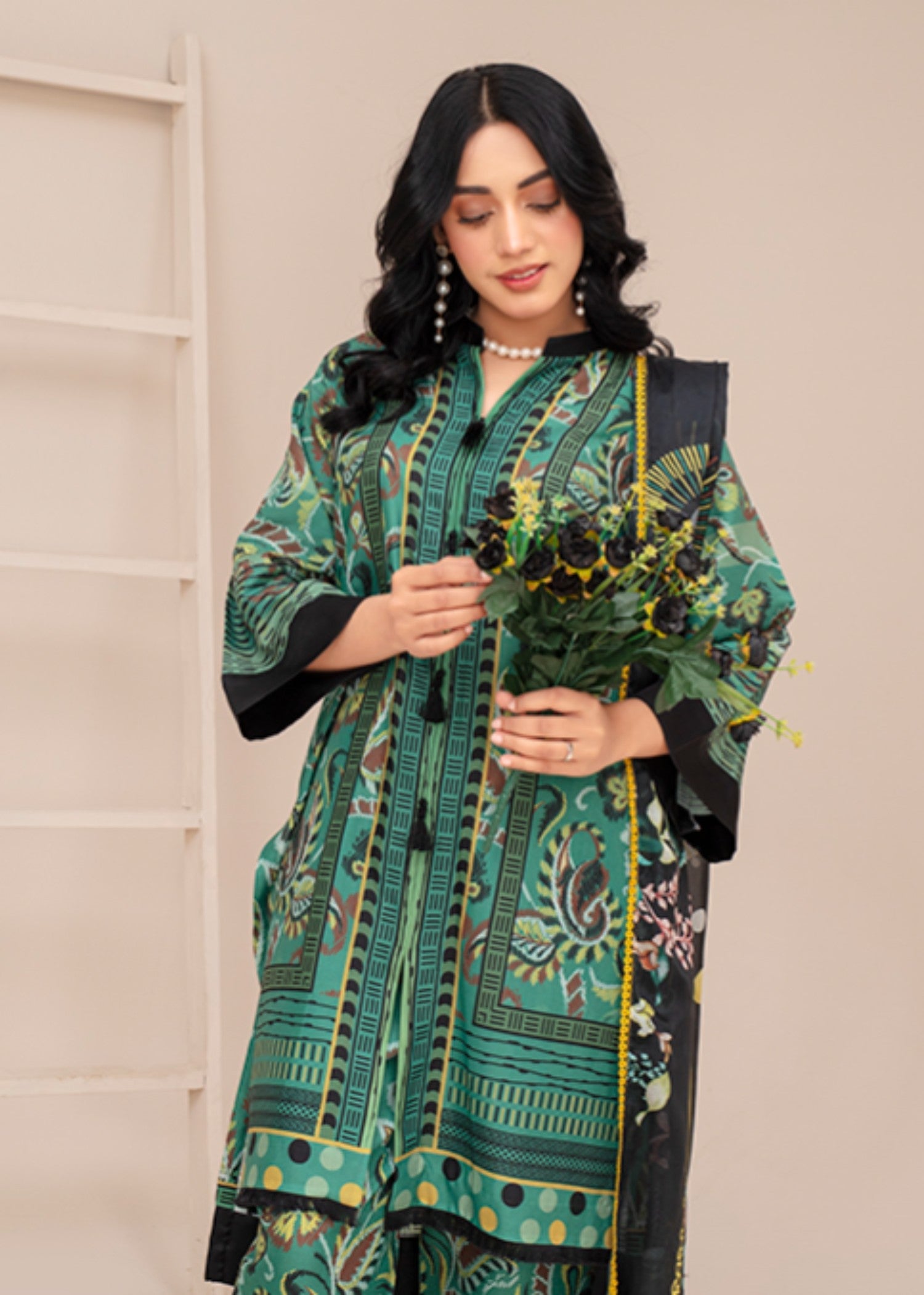 poly lawn Kurta Set in Pine green