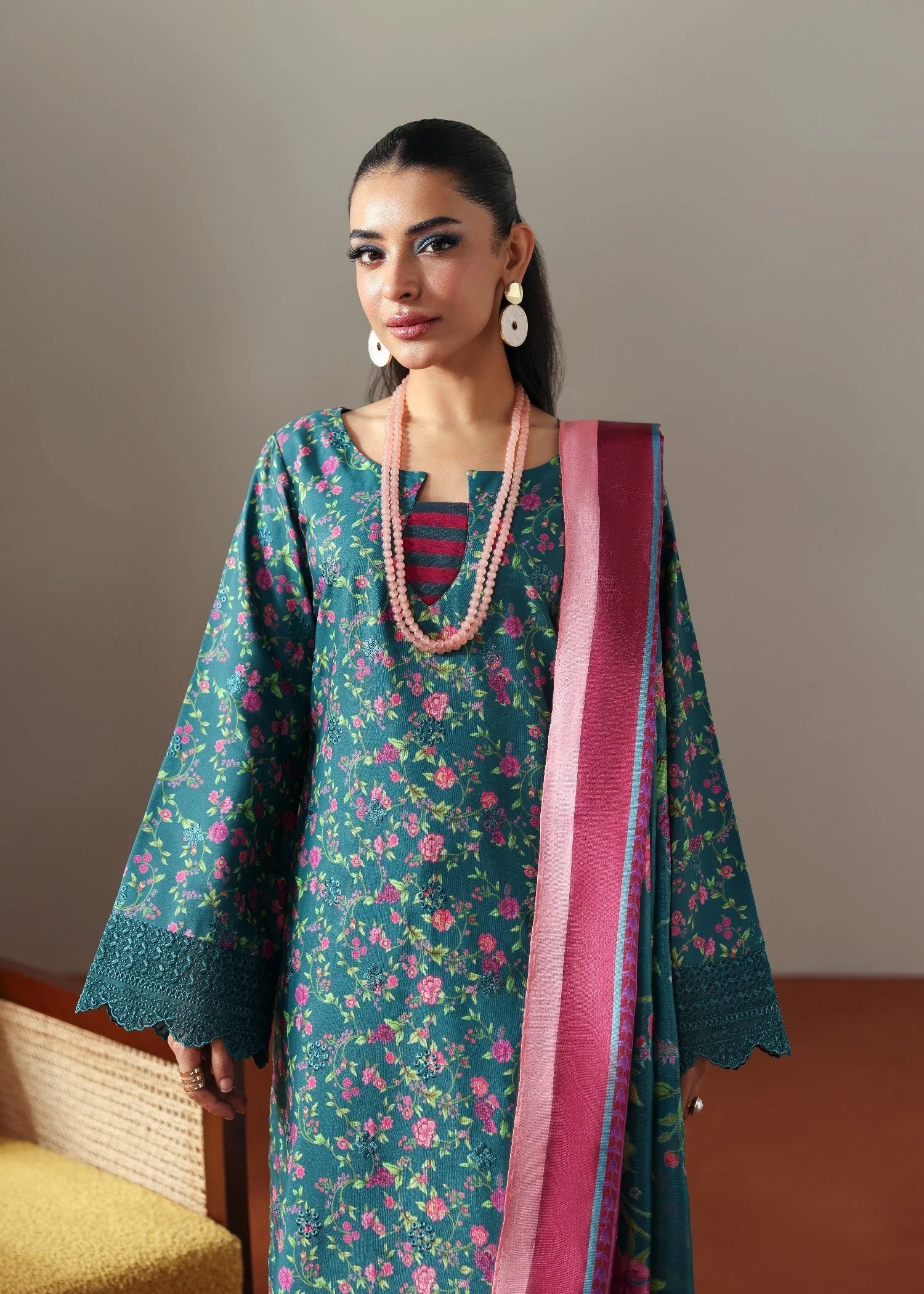 poly lawn Kurta Set in Teal