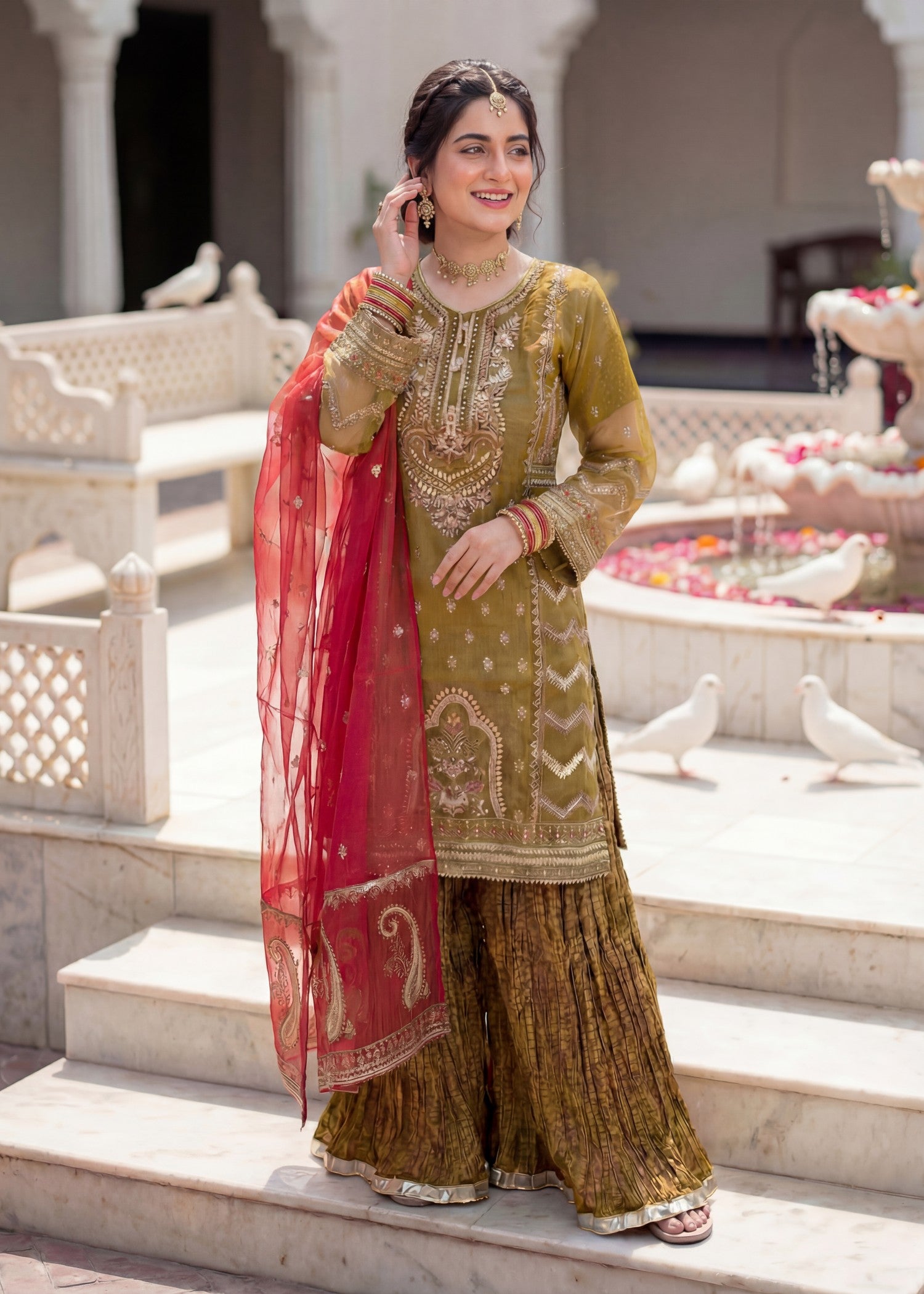organza Sharara in Olive green