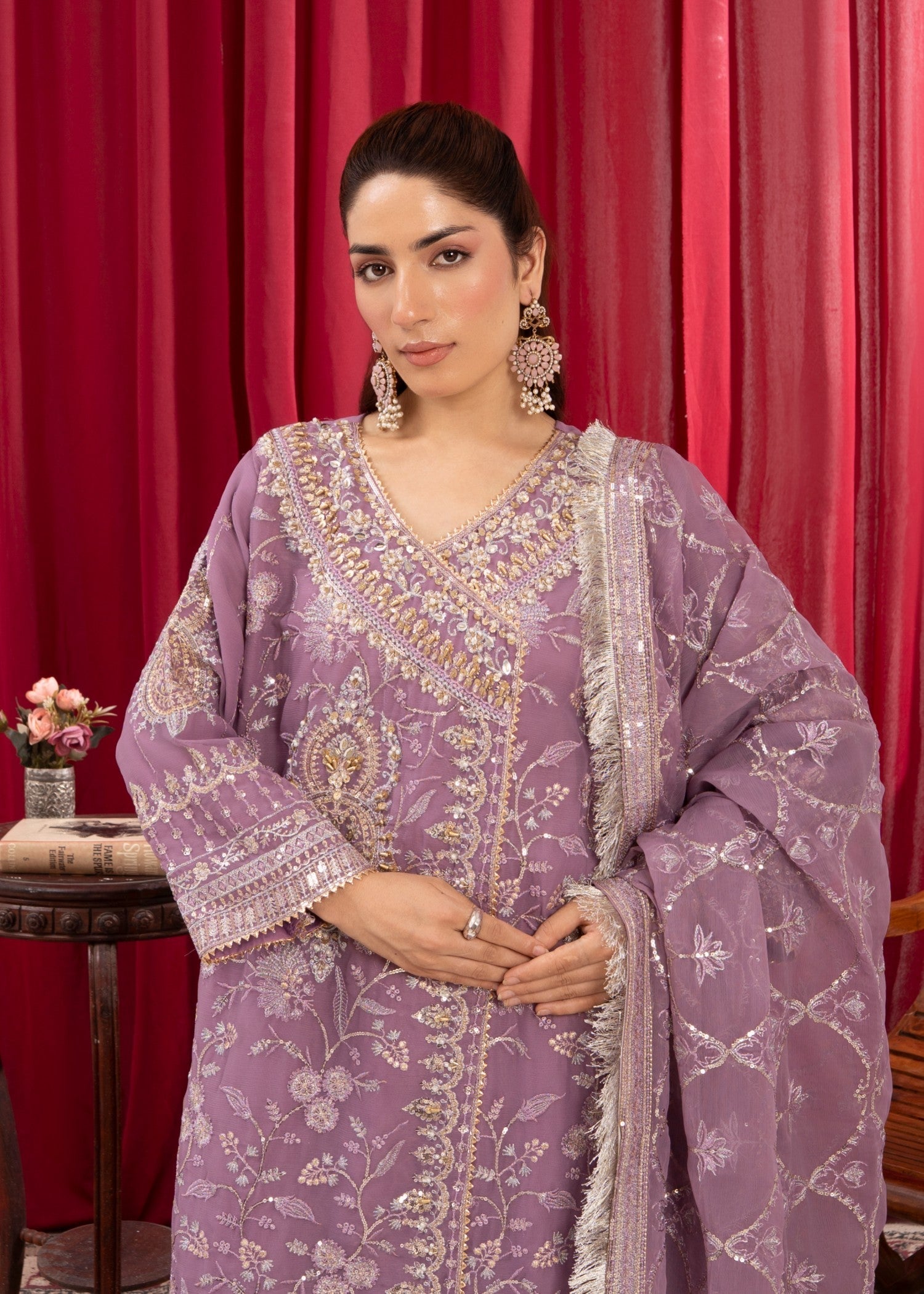 chiffon Angrakha in Mauve pink