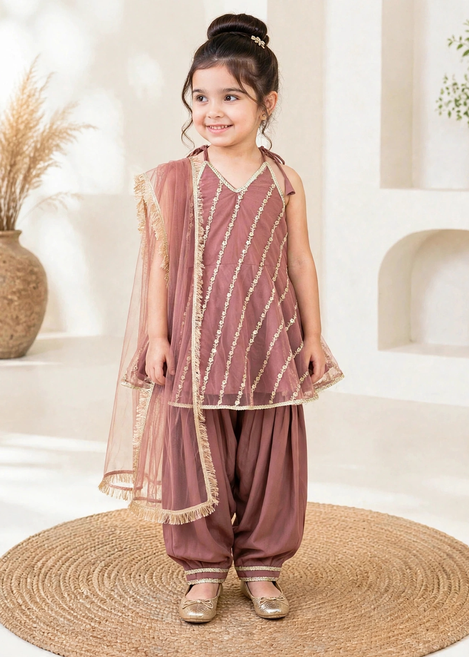 net Short Frock in Indian pink