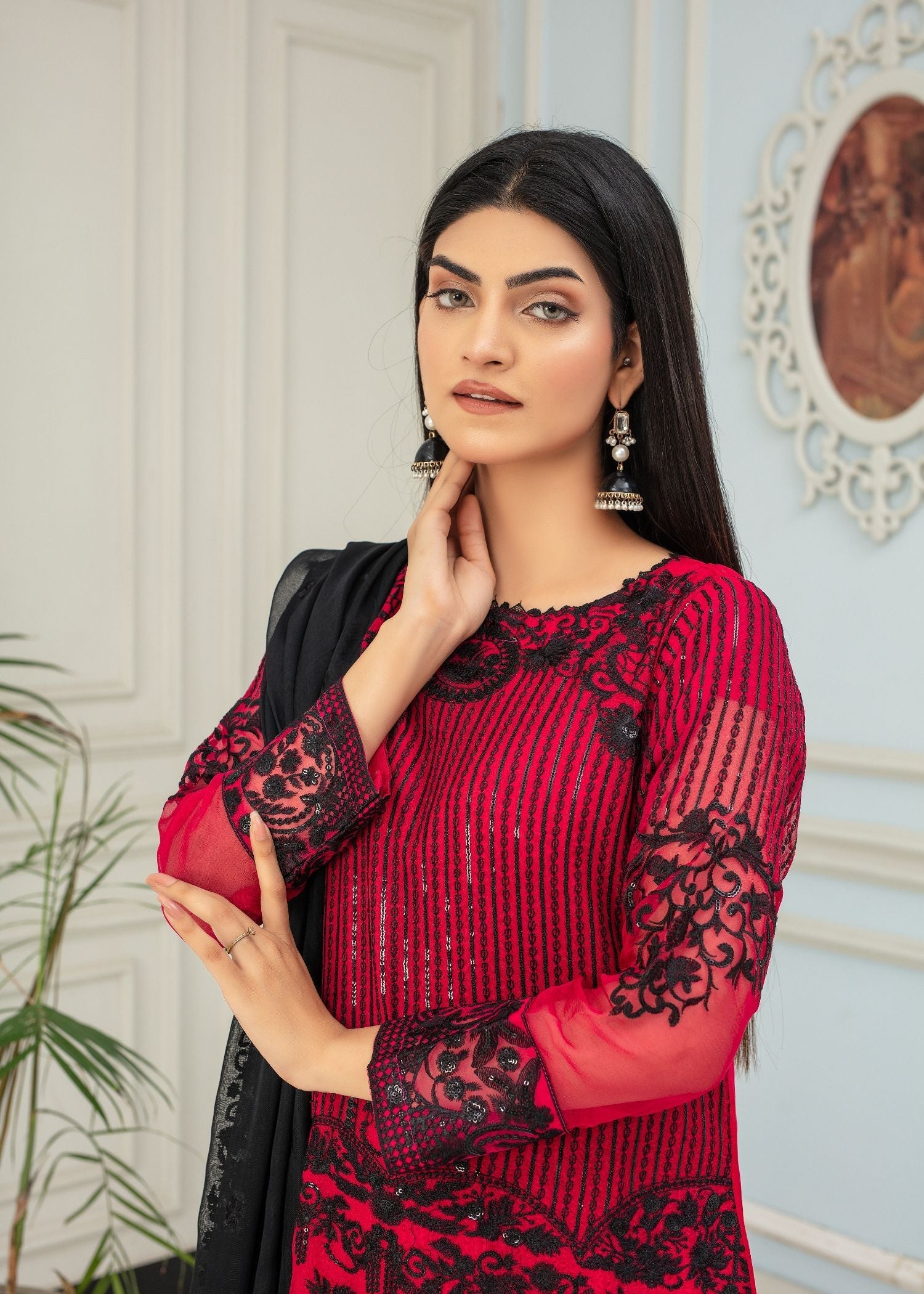 chiffon Kurta Set in Shocking pink