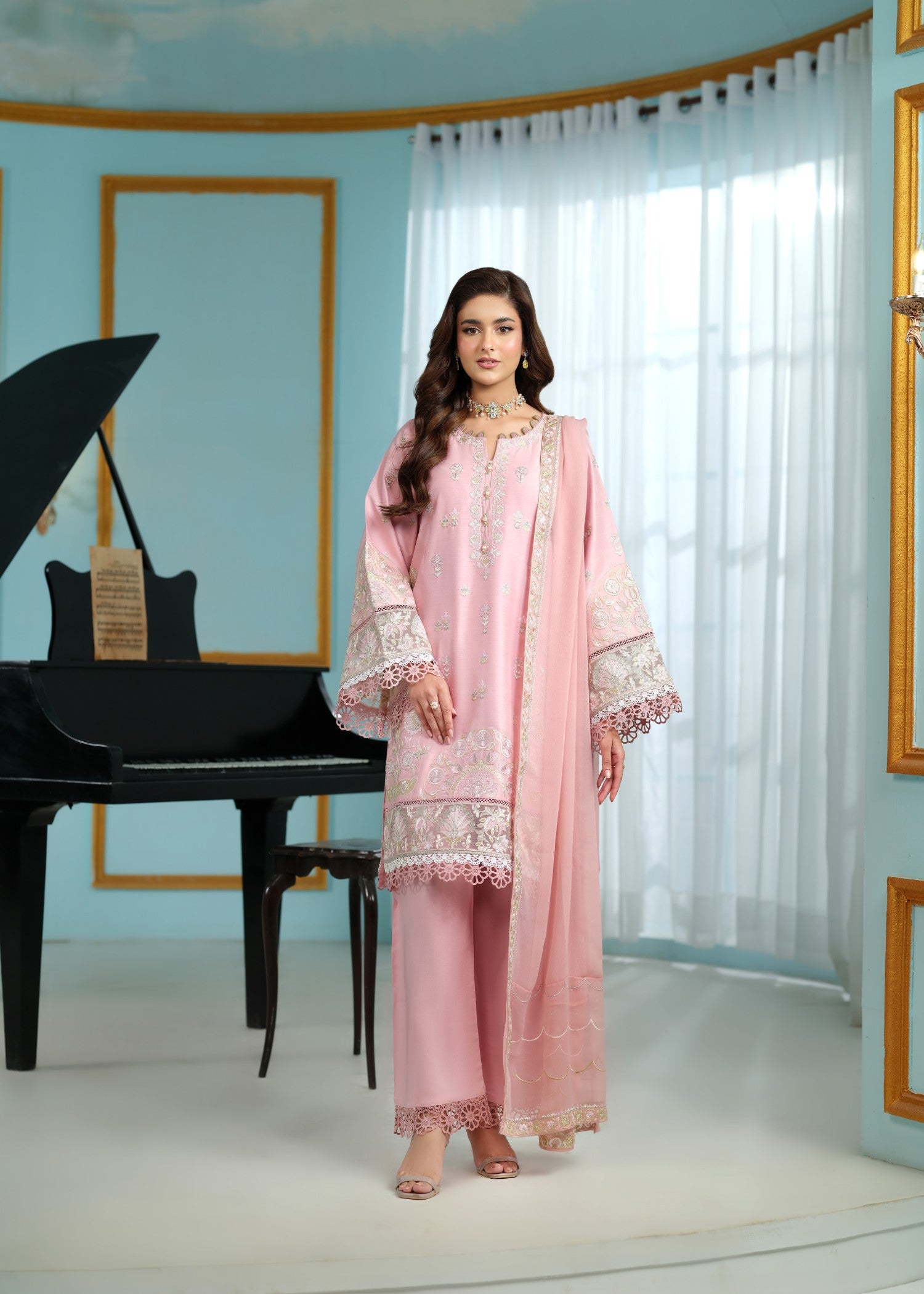 cambric cotton Kurta Set in Pink