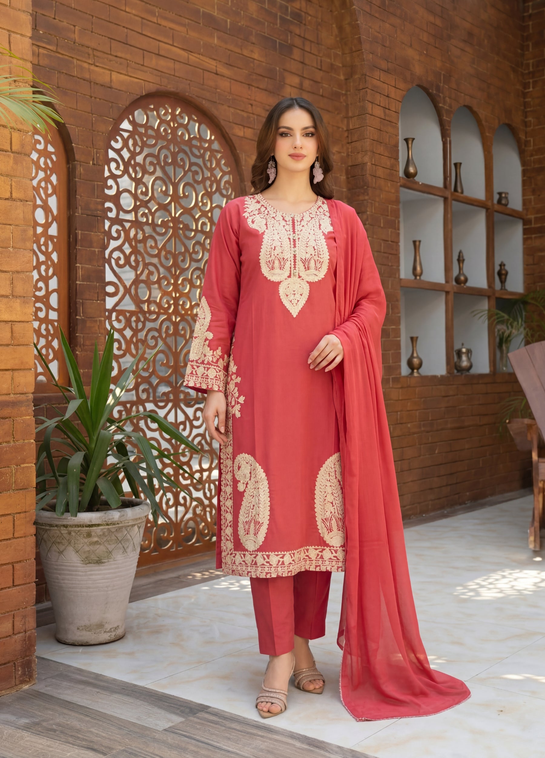 linen Kurta Set in Raspberry pink