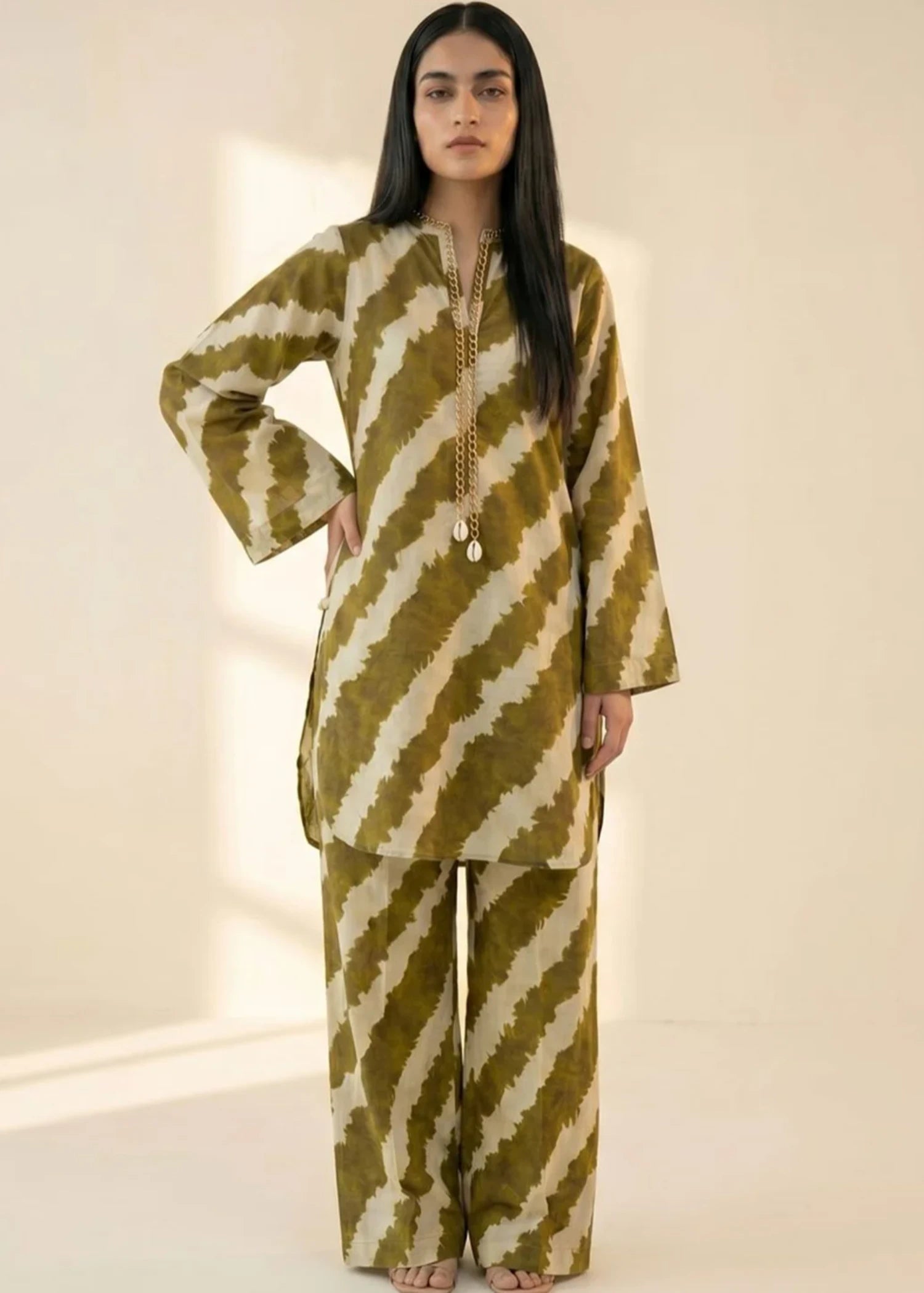 lawn Co Ord Sets in Beige, olive green