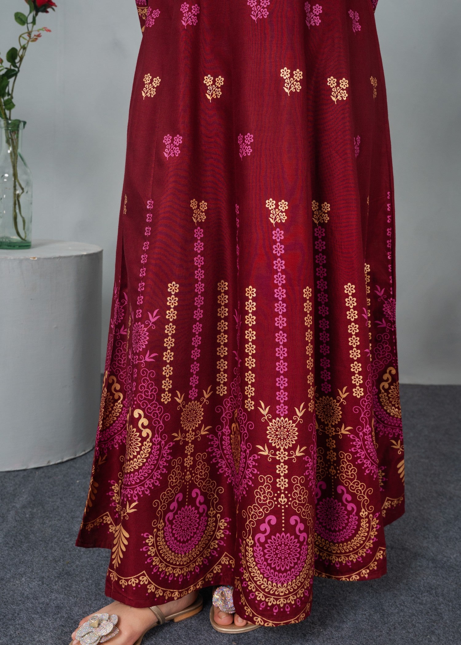 linen Anarkali in Maroon