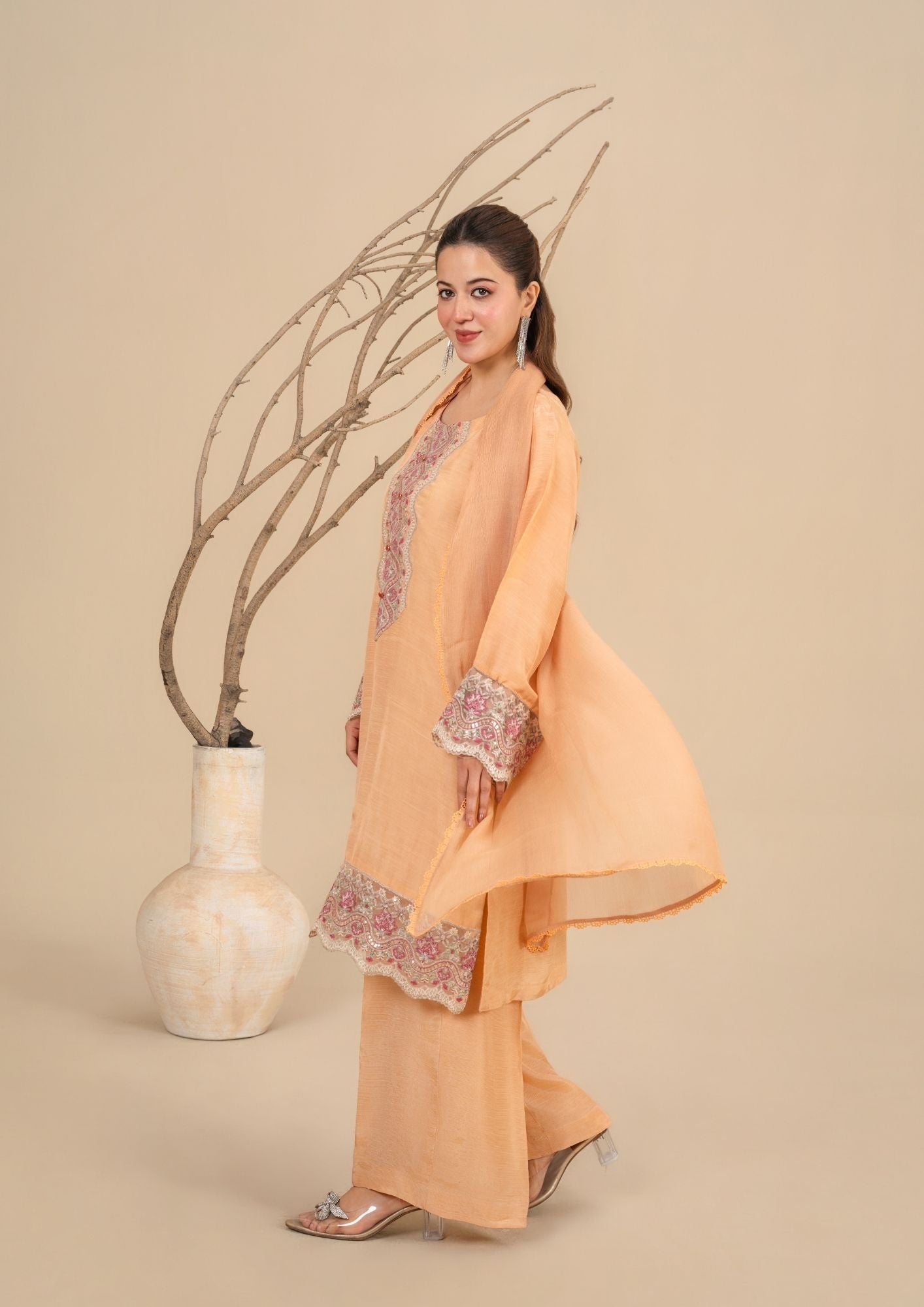 viscose raw silk Kurta Set in Peach orange