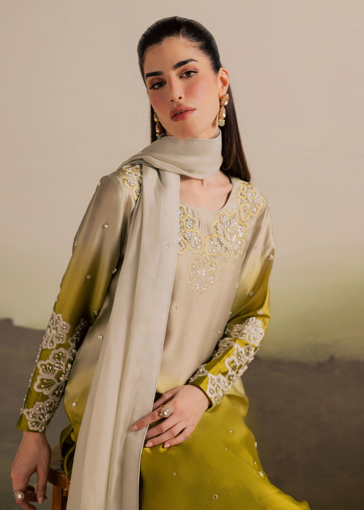 tussar silk Kurta Set in Olive green