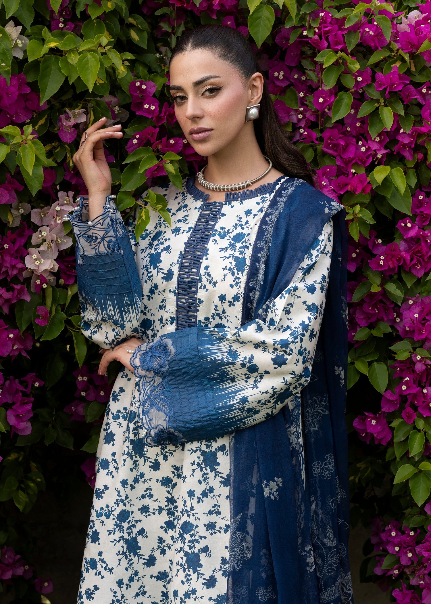 lawn Unstitched in Off-white, blue