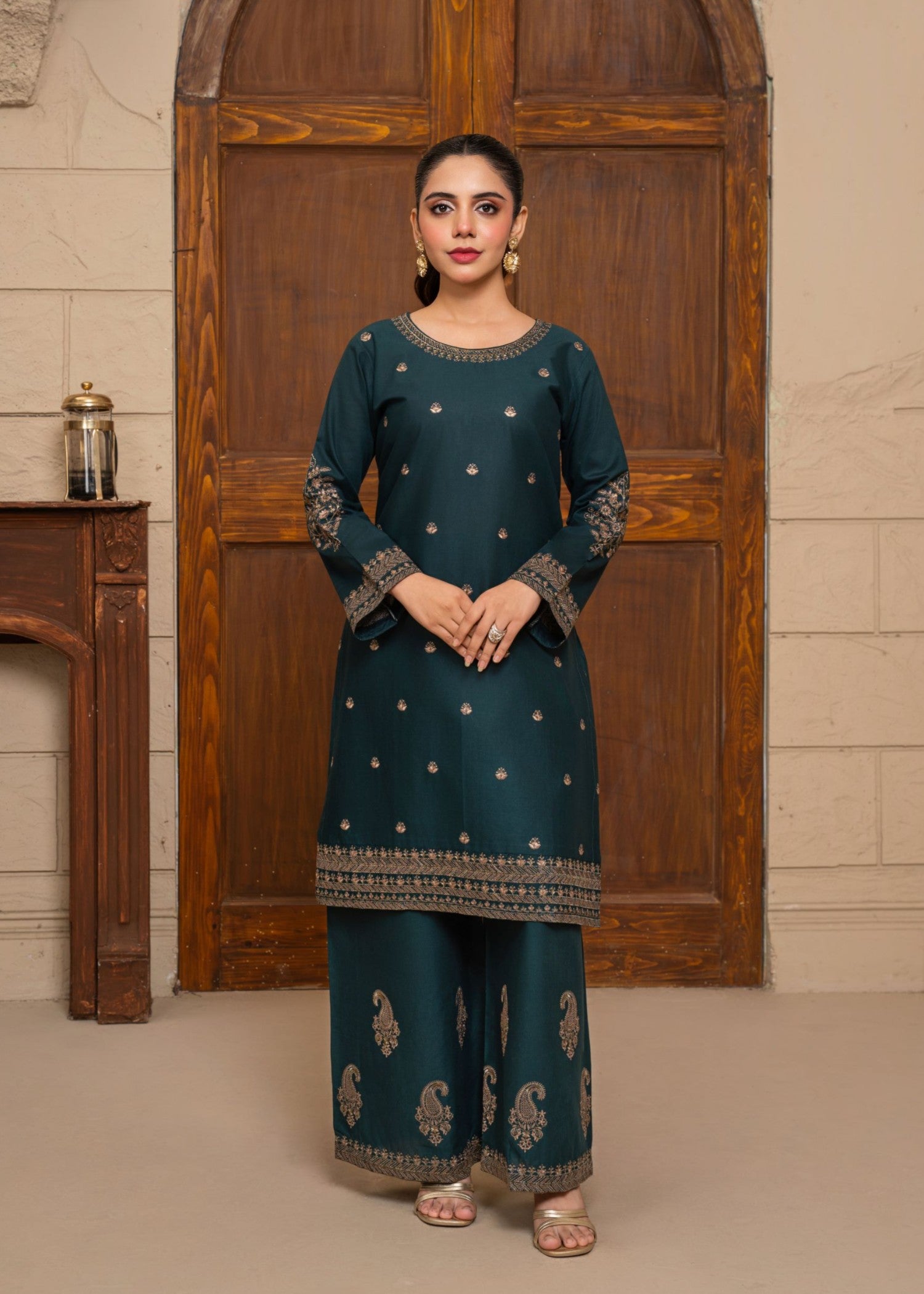 cotton Kurta Set in Bottle green