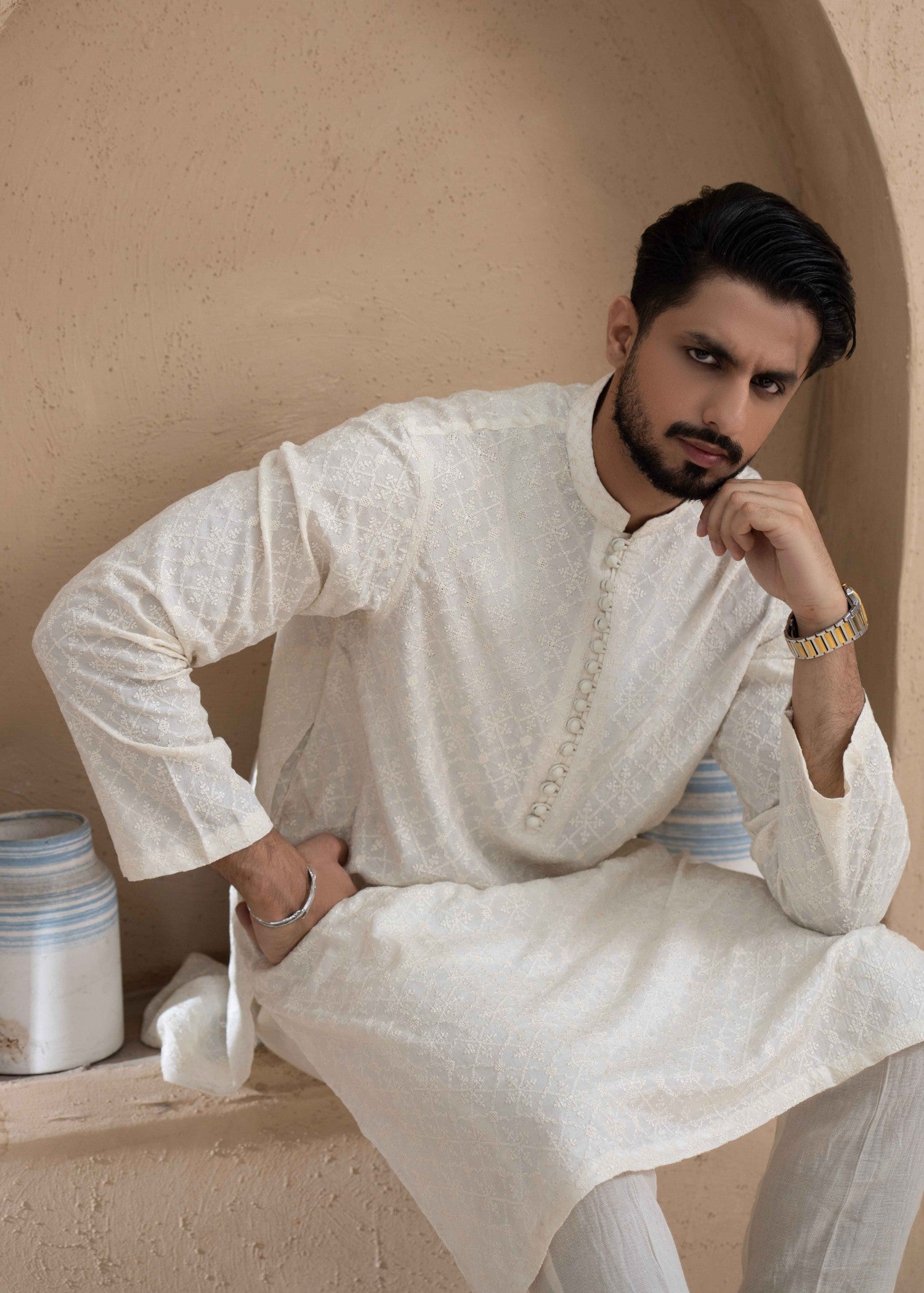 viscose raw silk Kurta Set in Off-white
