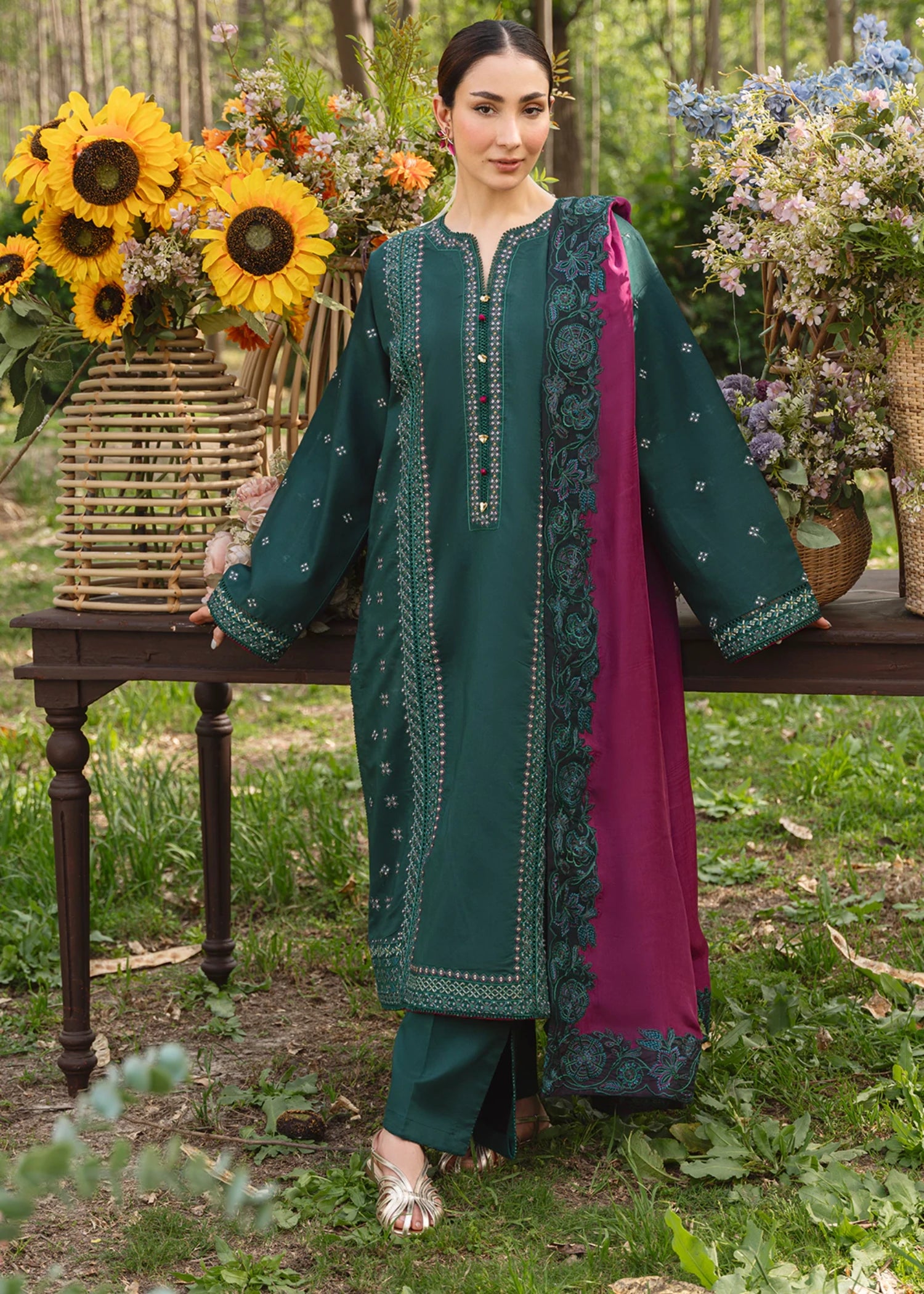 cambric Kurta Set in Forest green