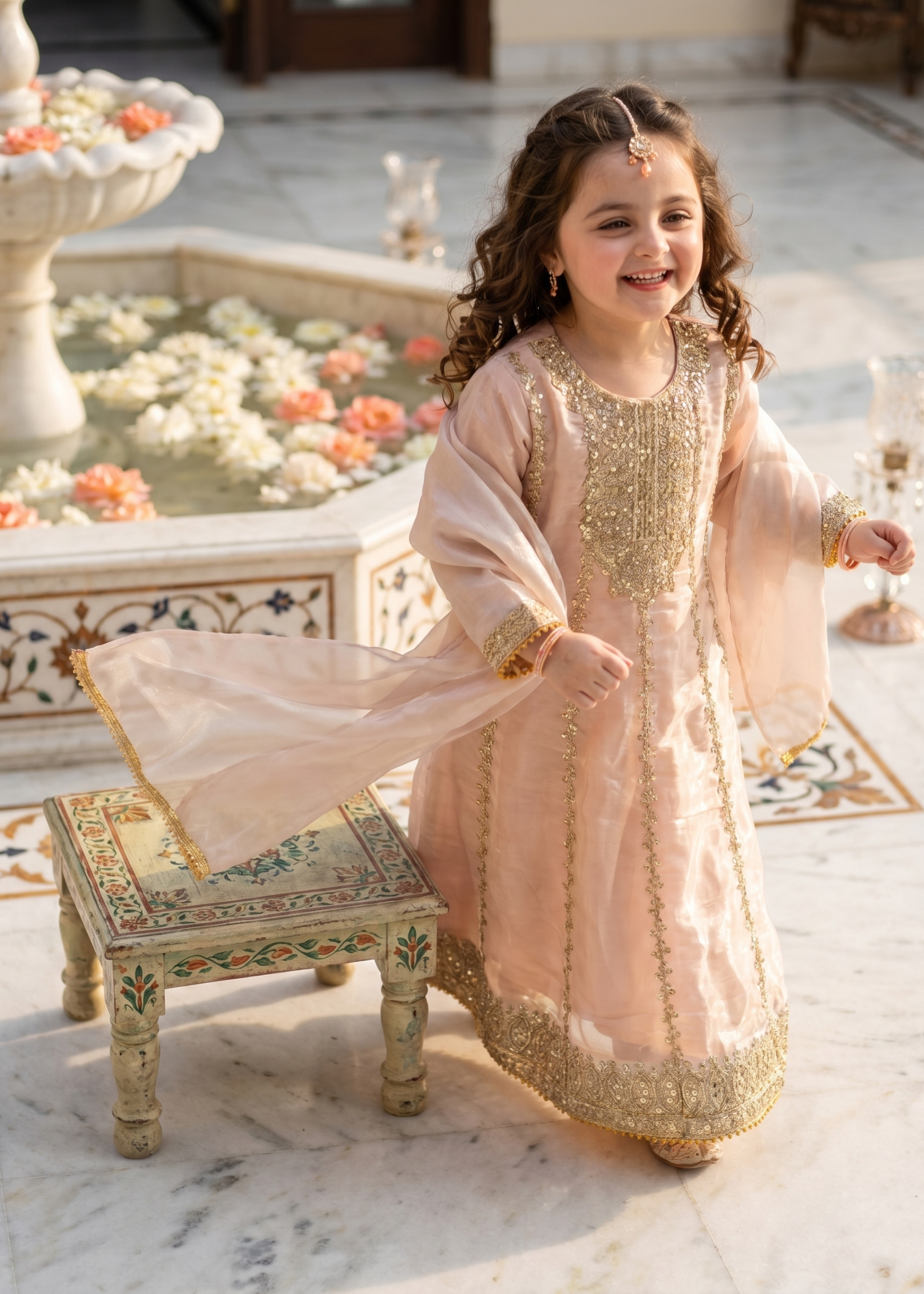 tissue silk Pishwas in Tea rose pink