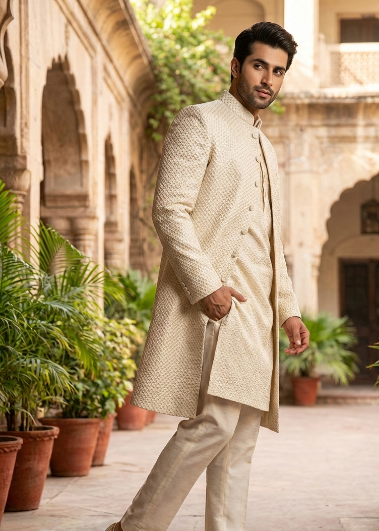 silk Sherwani in White, gold, ivory