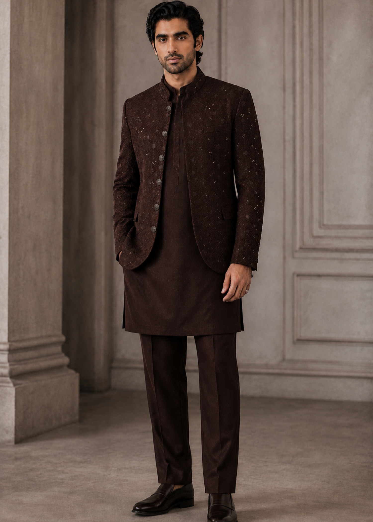 raw silk Prince Coat in Dark brown