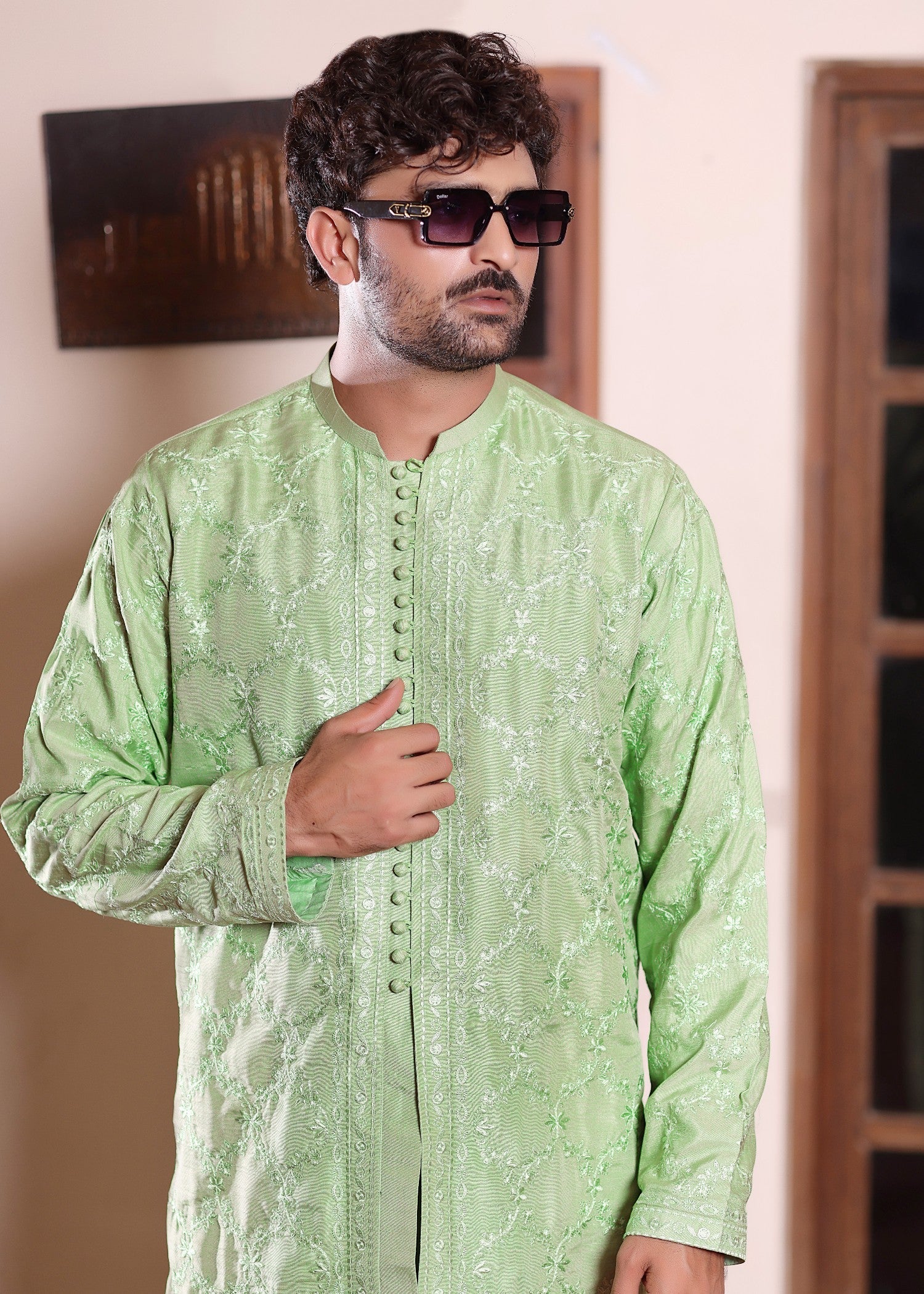 raw silk Kurta Set in Pistachio green