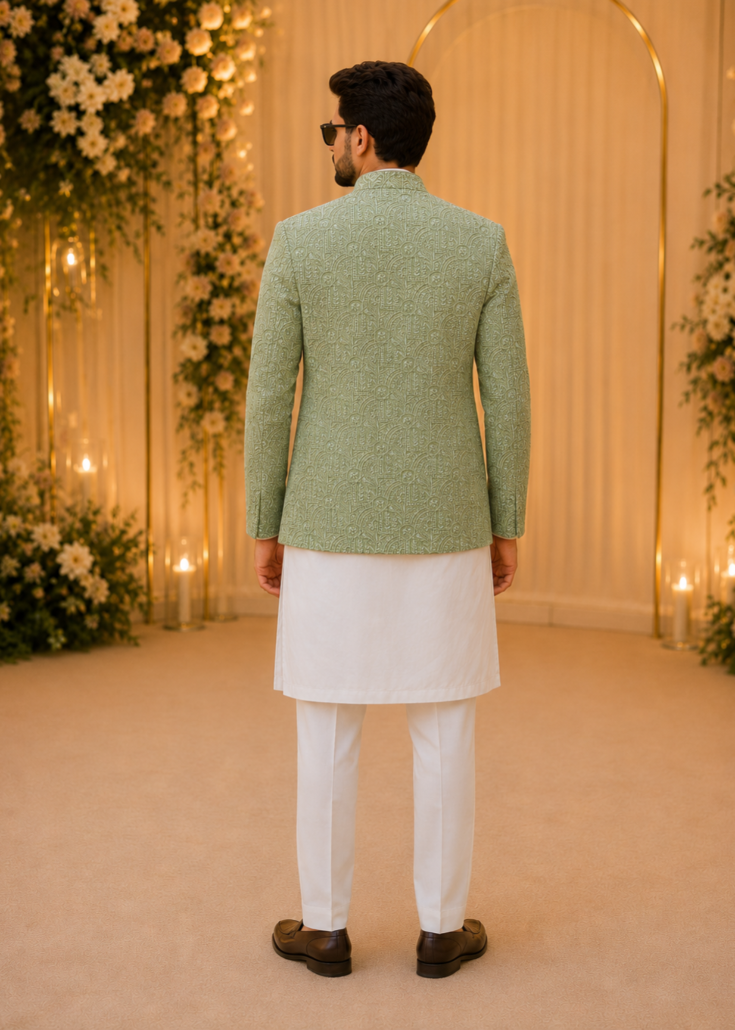 jamawar Prince Coat in Mint green