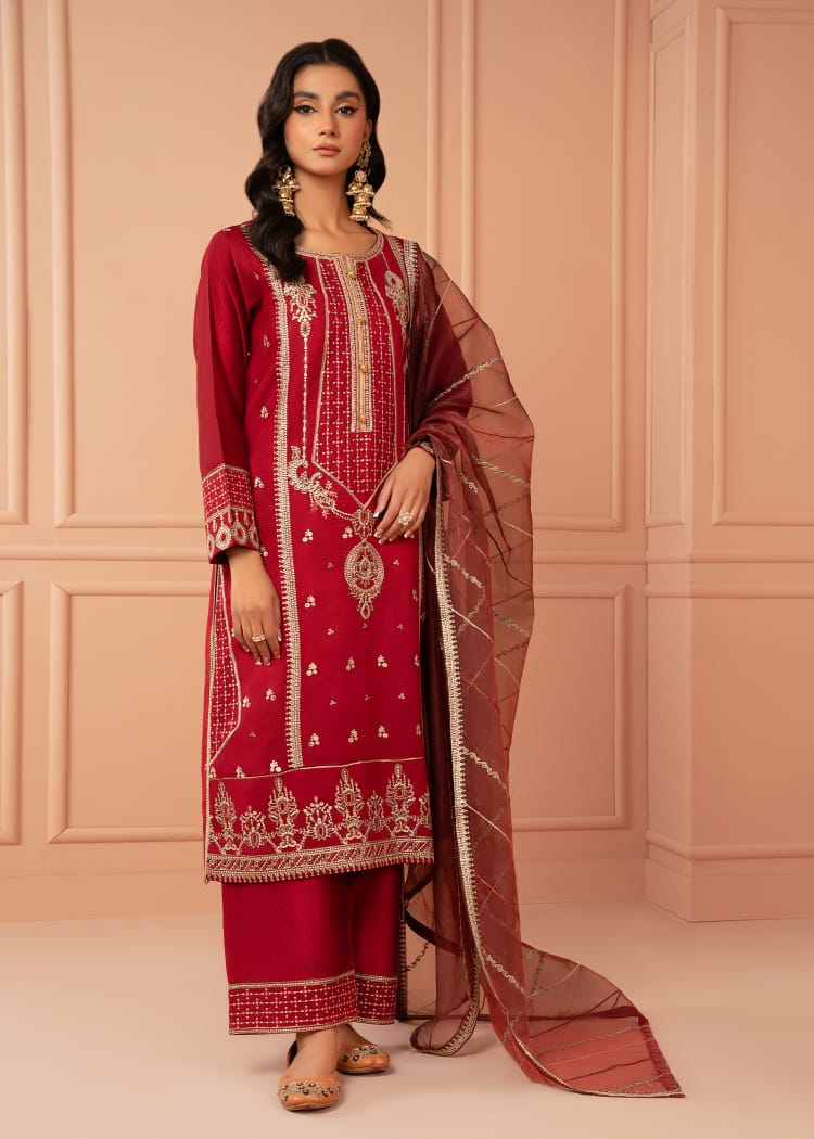 cotton karandi Kurta Set in Red