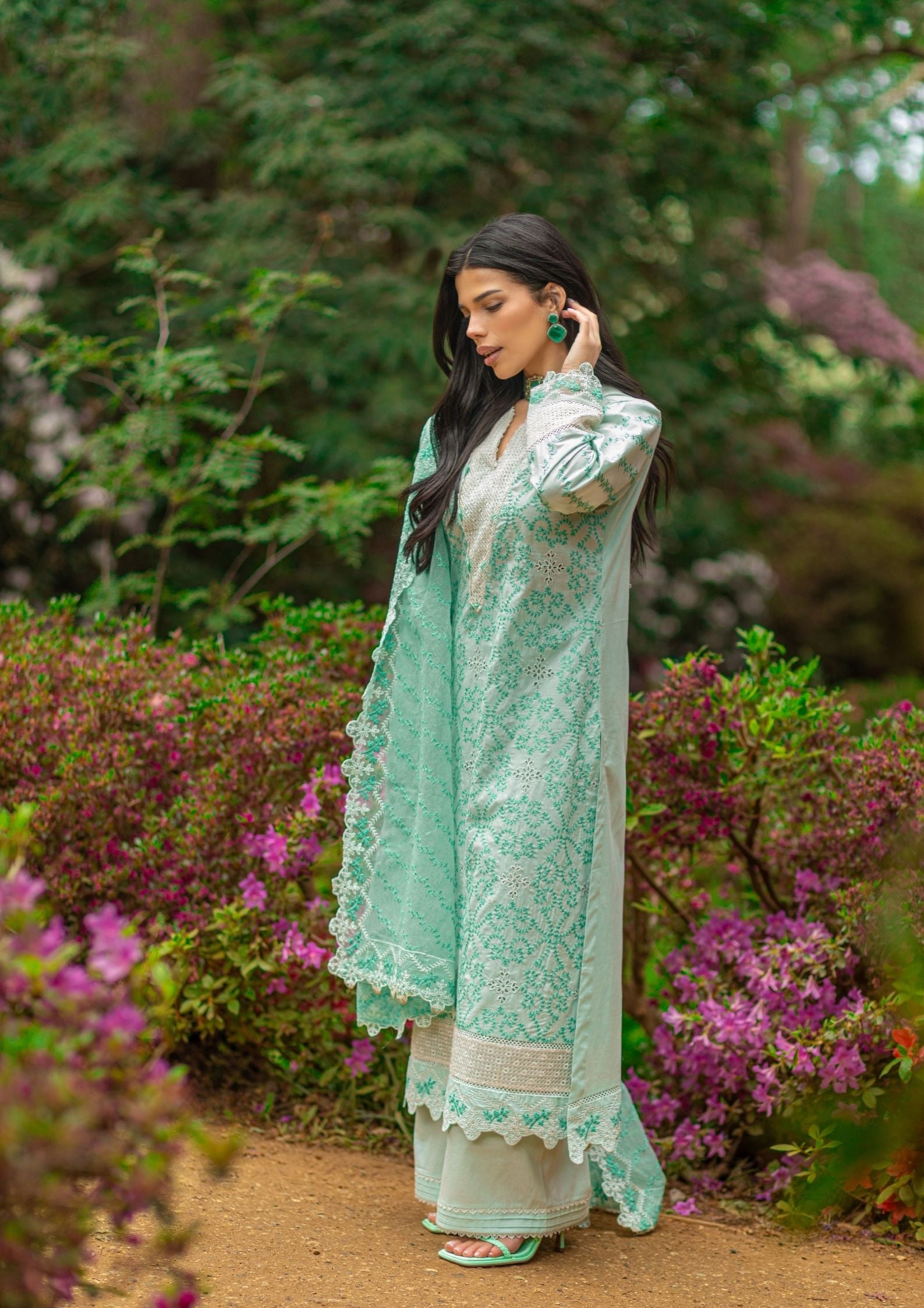 lawn cotton Kurta Set in Moss green