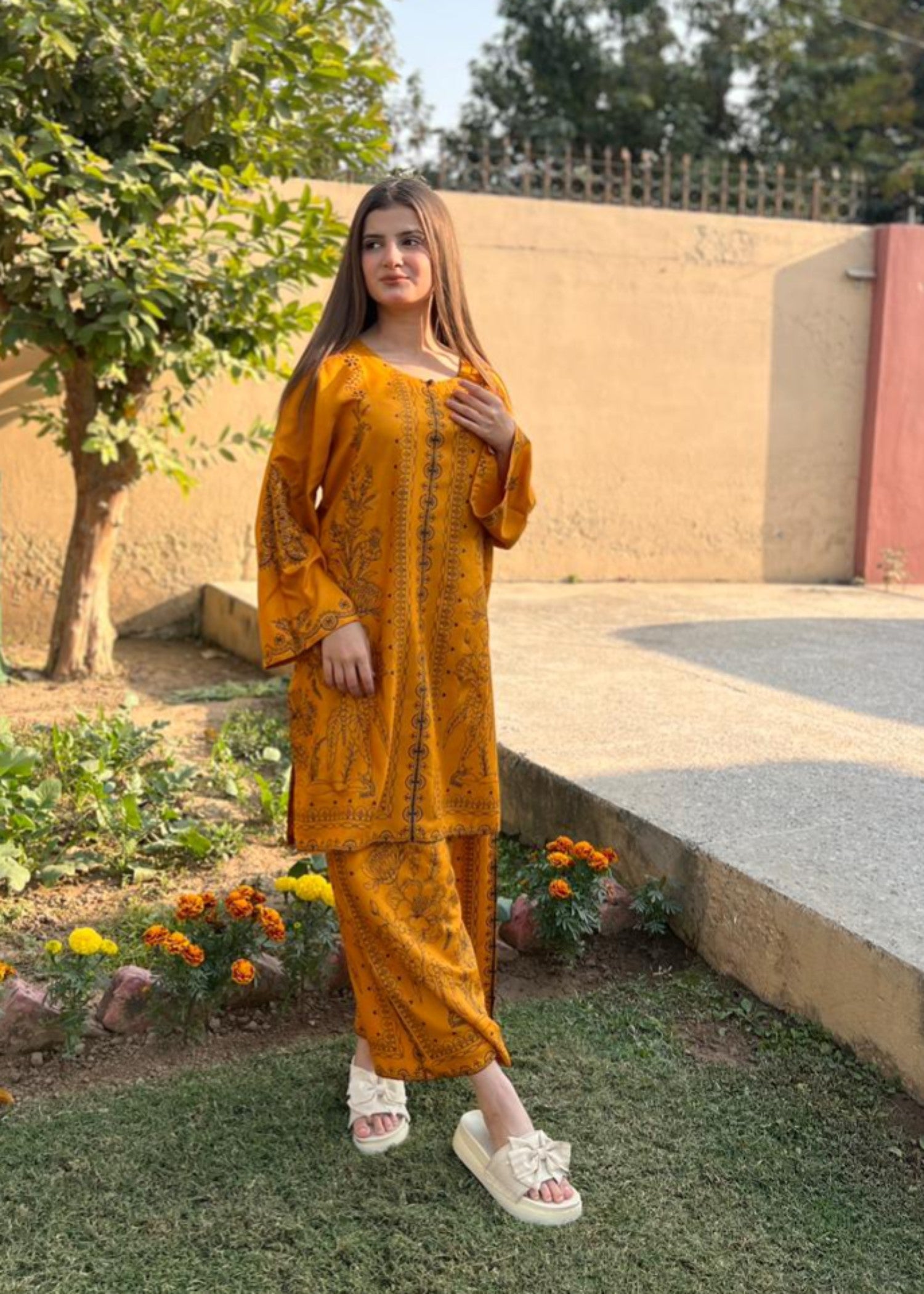 arabic lawn Co Ord Sets in Mustard