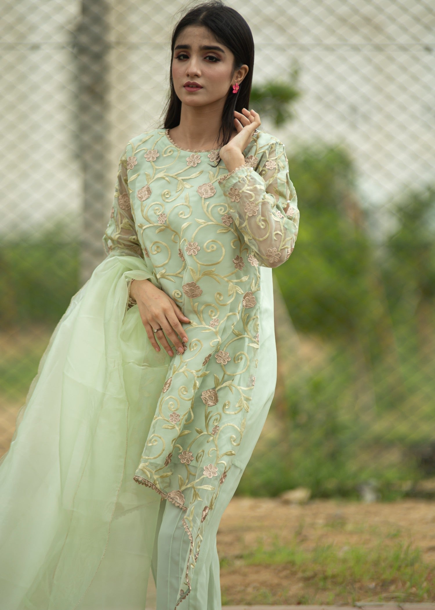 organza Short Frock in Tea green