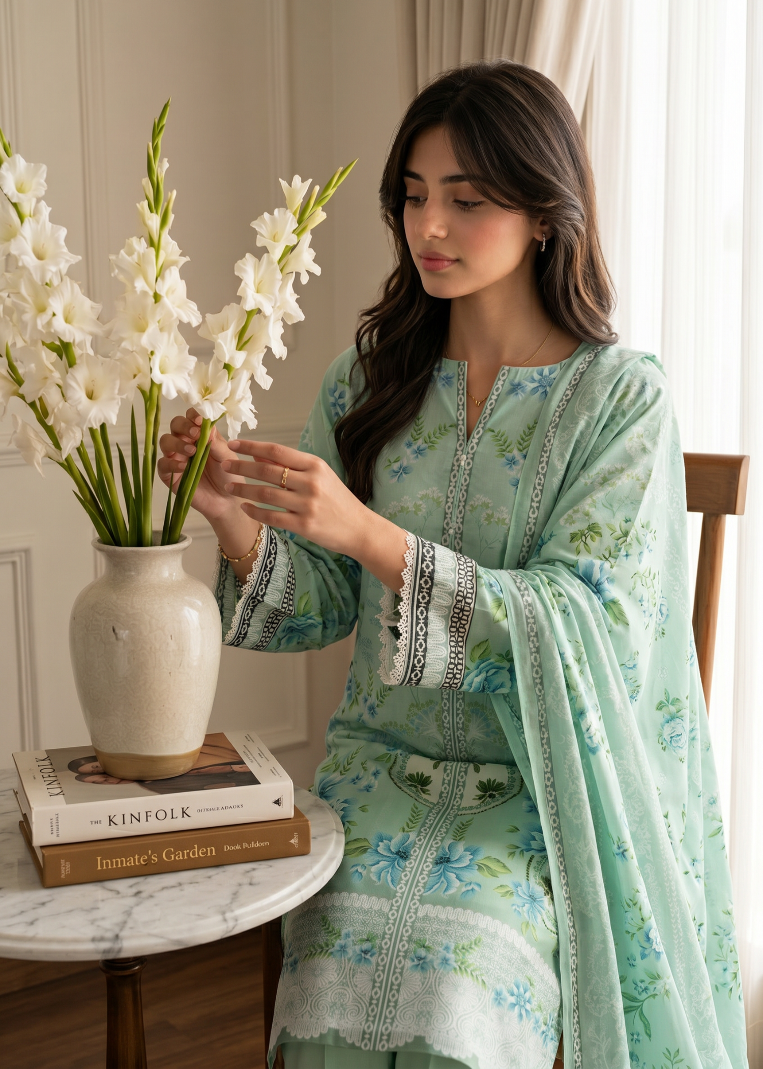 lawn Kurta Set in Moss green