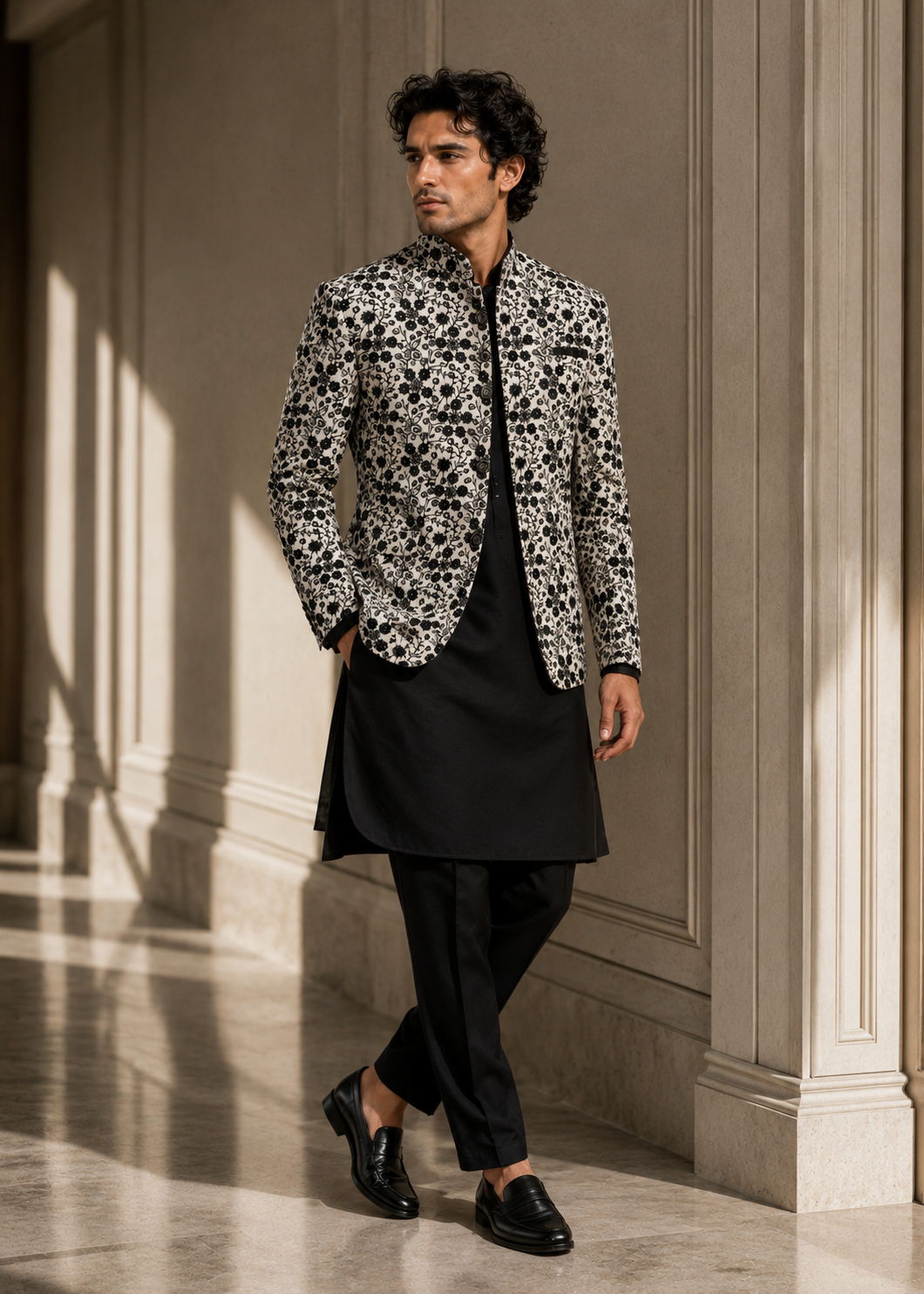 silk Prince Coat in White, black