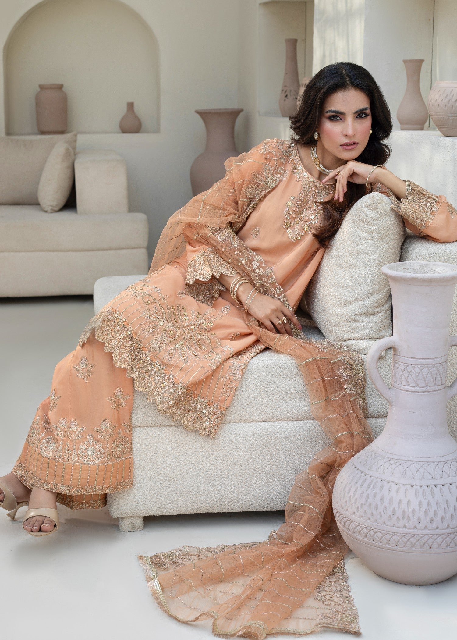 pure silk Kurta Set in Peach pink