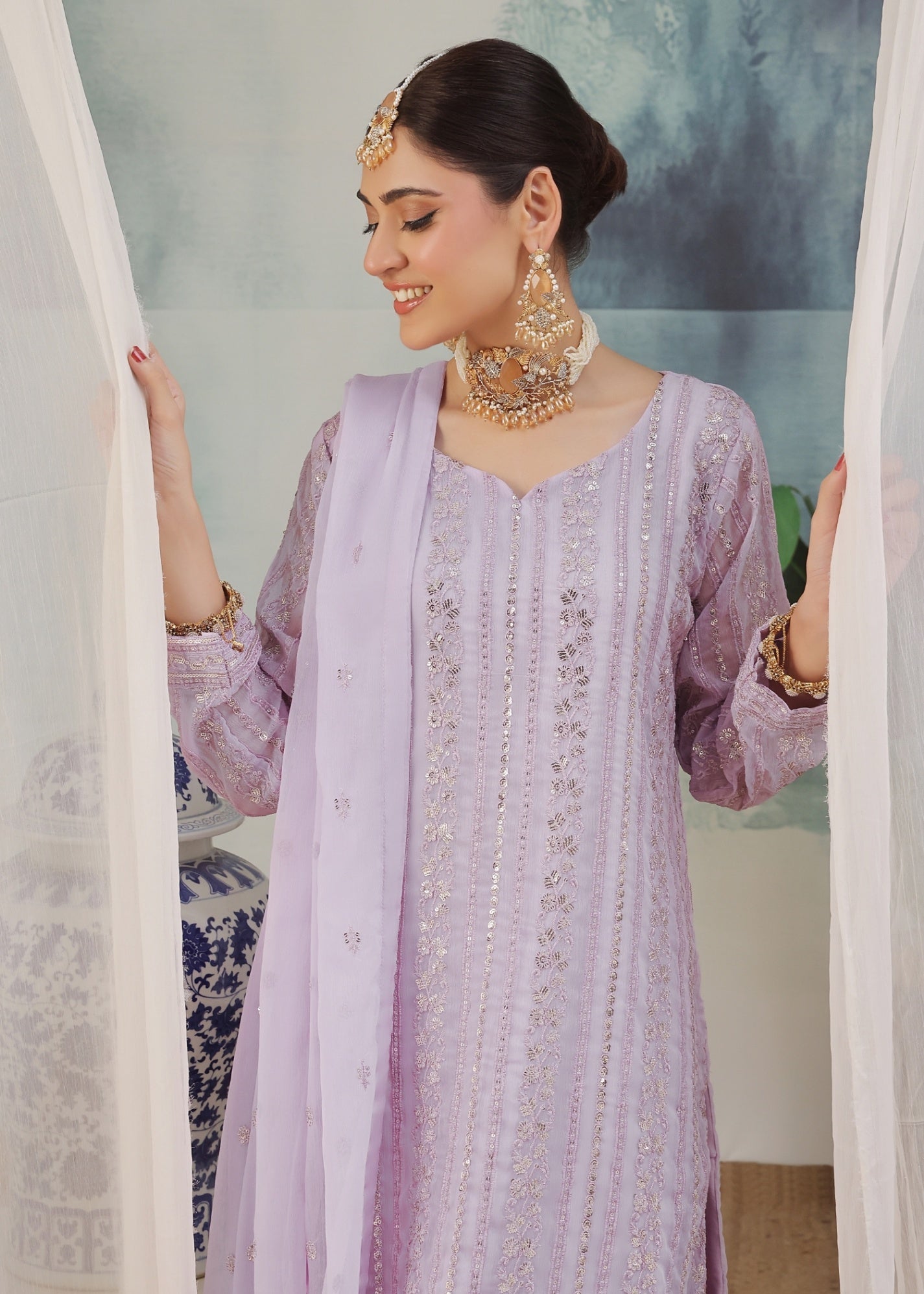 chiffon Kurta Set in Lilac
