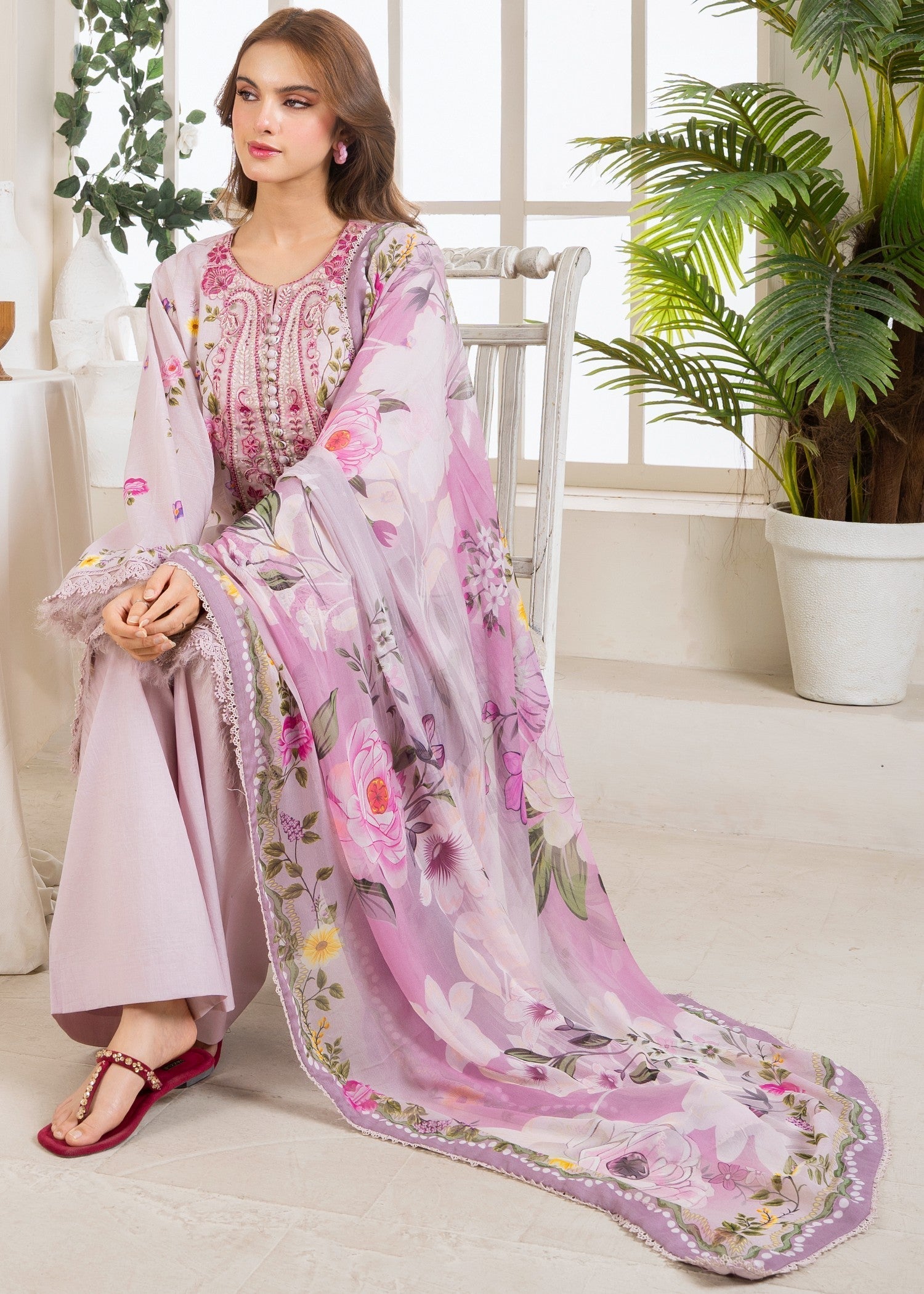 slub lawn Kurta Set in Lavender blush