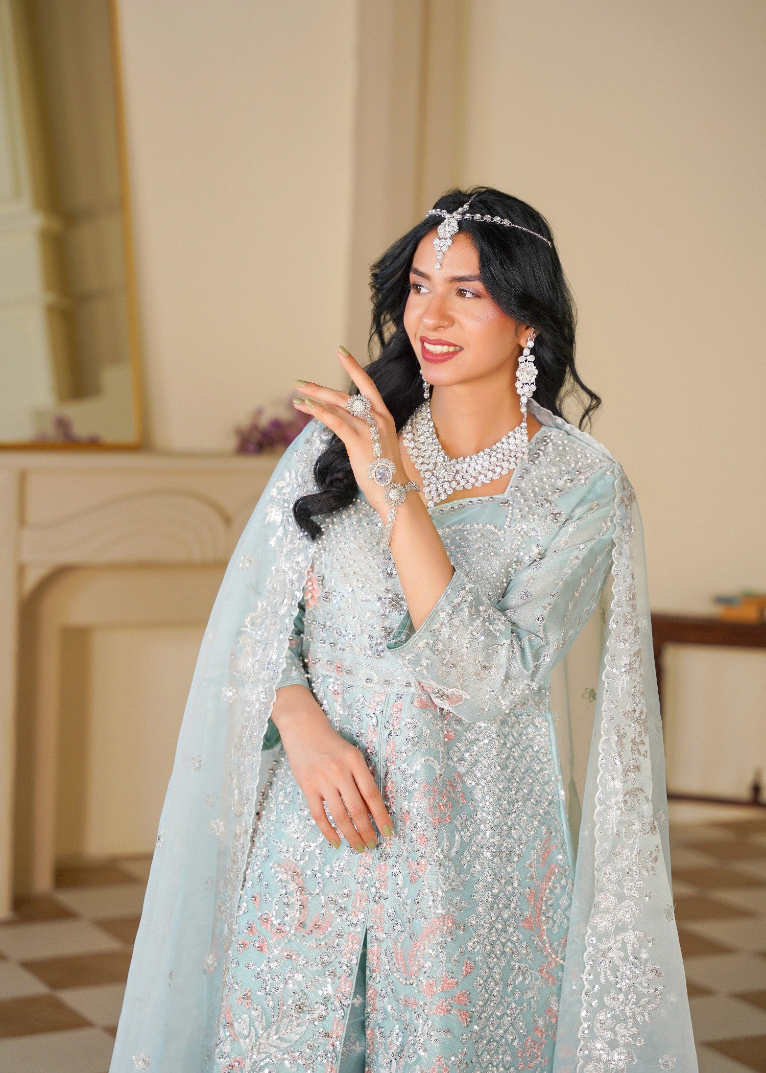 organza Sharara in Silver, ice blue