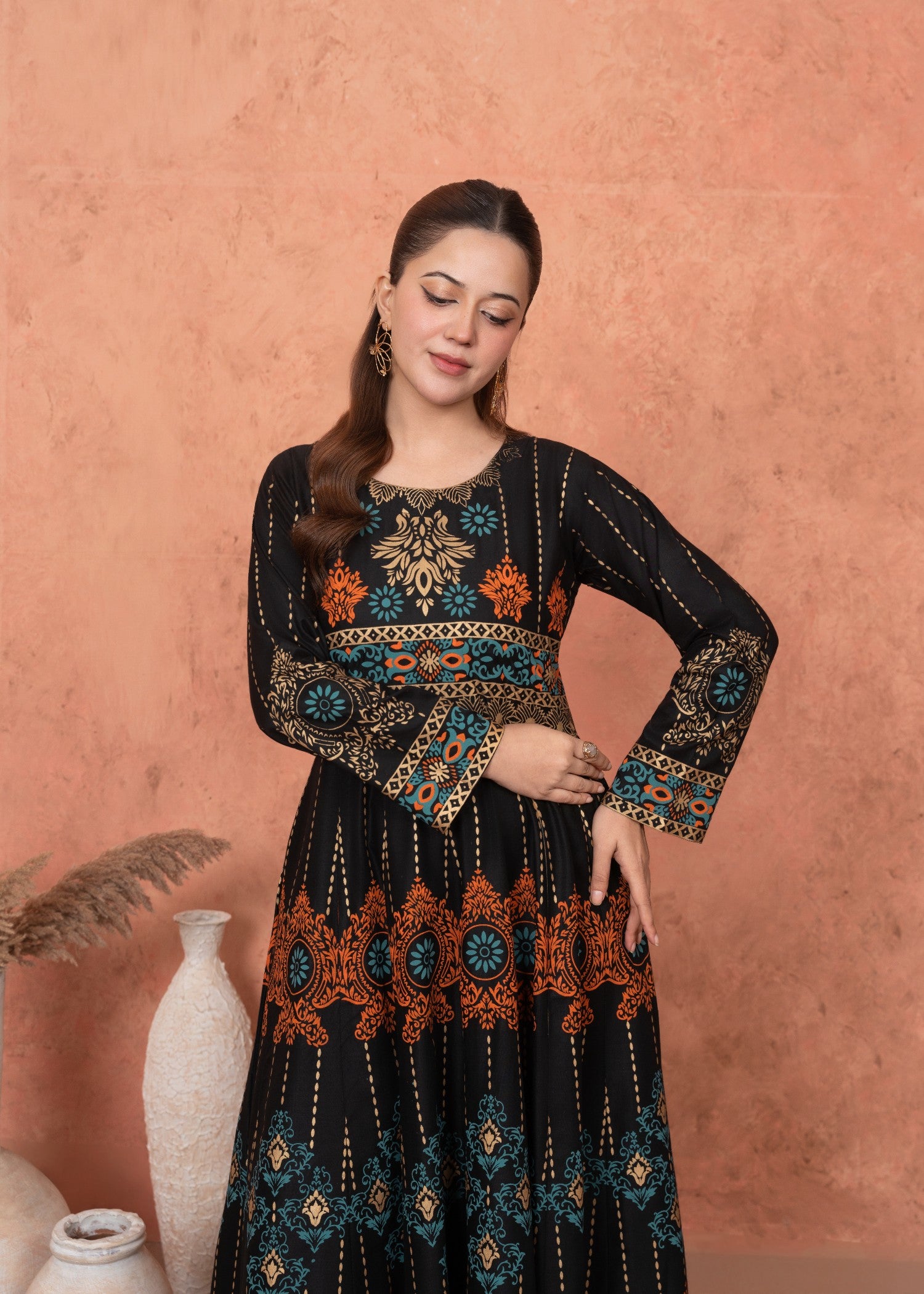 linen Anarkali in Black