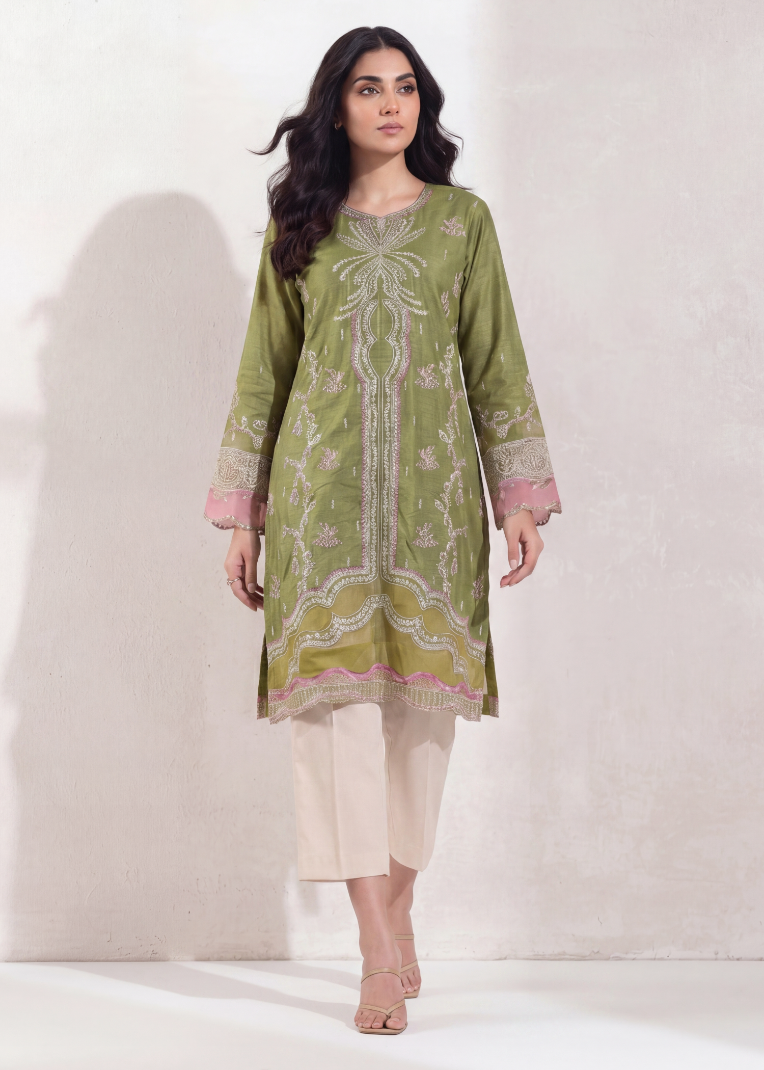 textured lawn Kurta Set in Beige, olive green
