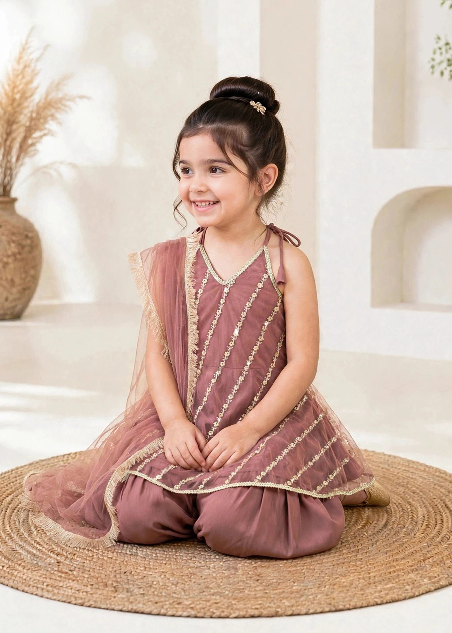 net Short Frock in Indian pink