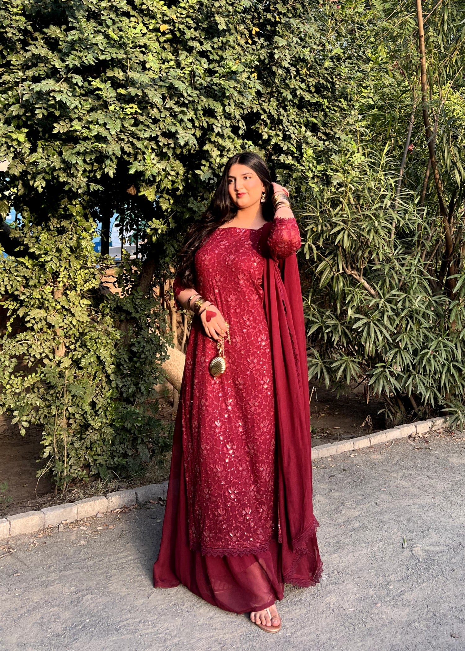 bemberg crinkle chiffon Sharara in Maroon