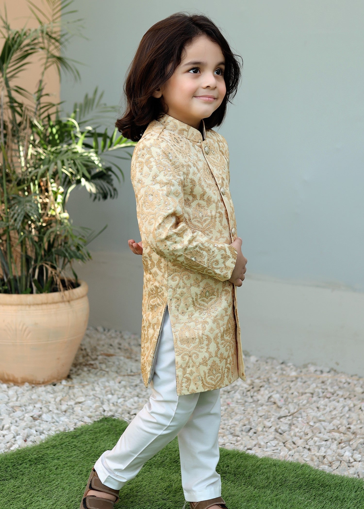 raw silk Sherwani in Cream, goldenrod
