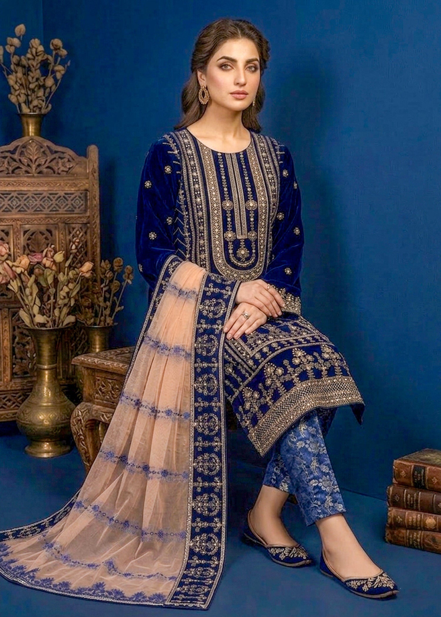 velvet Kurta Set in Navy blue