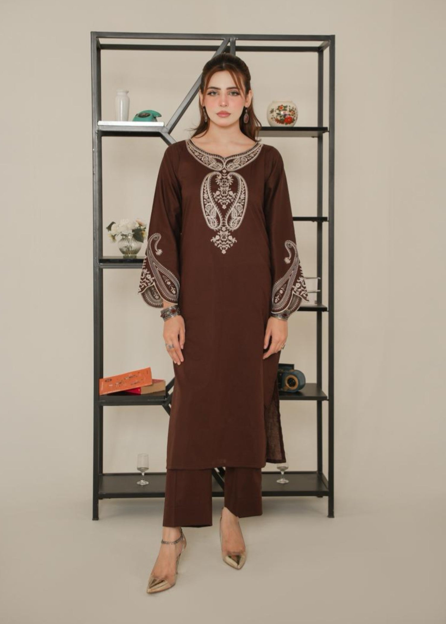 lawn cotton Kurta Set in Walnut brown