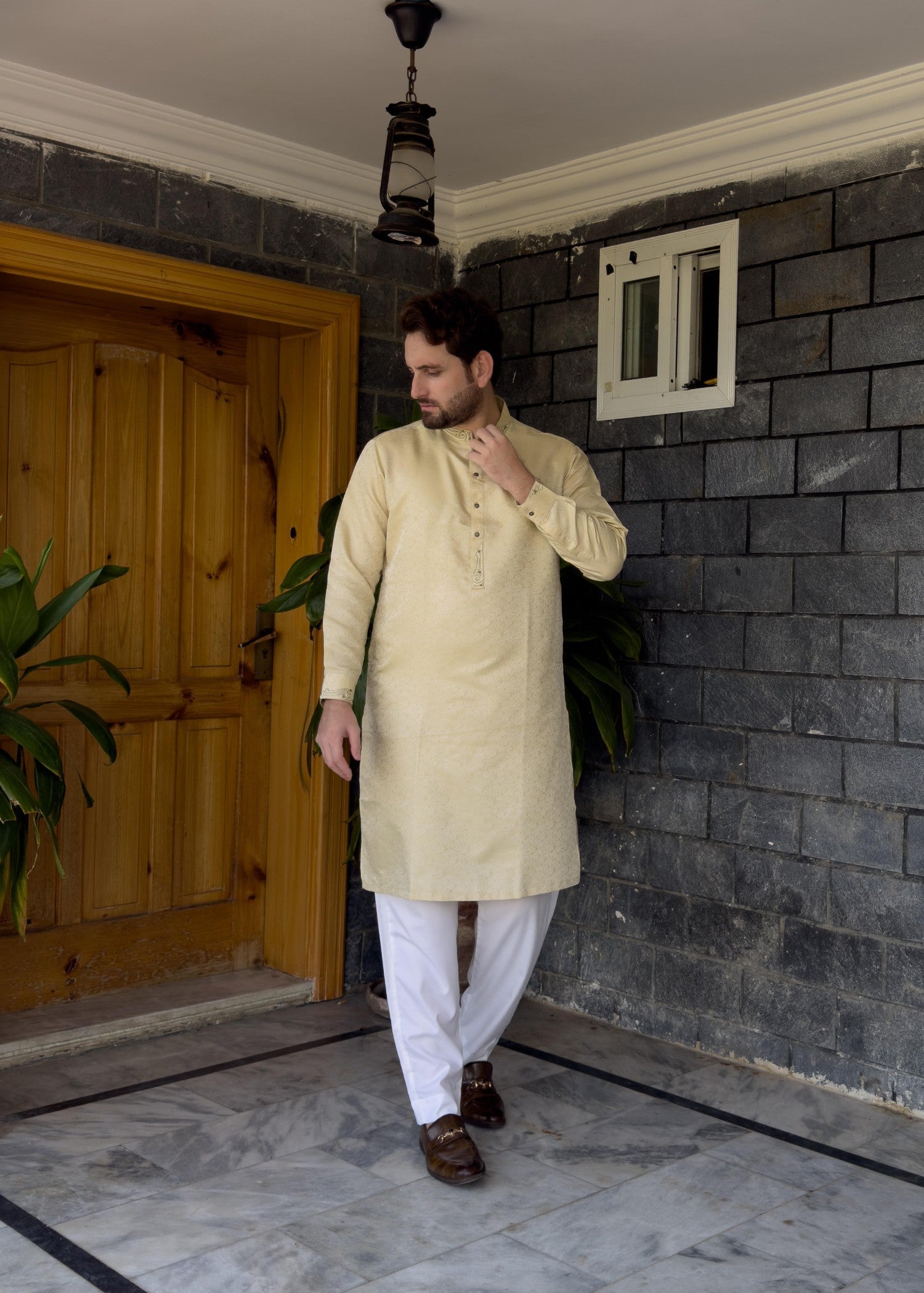 traditional jamawar Kurta in Autumn gold