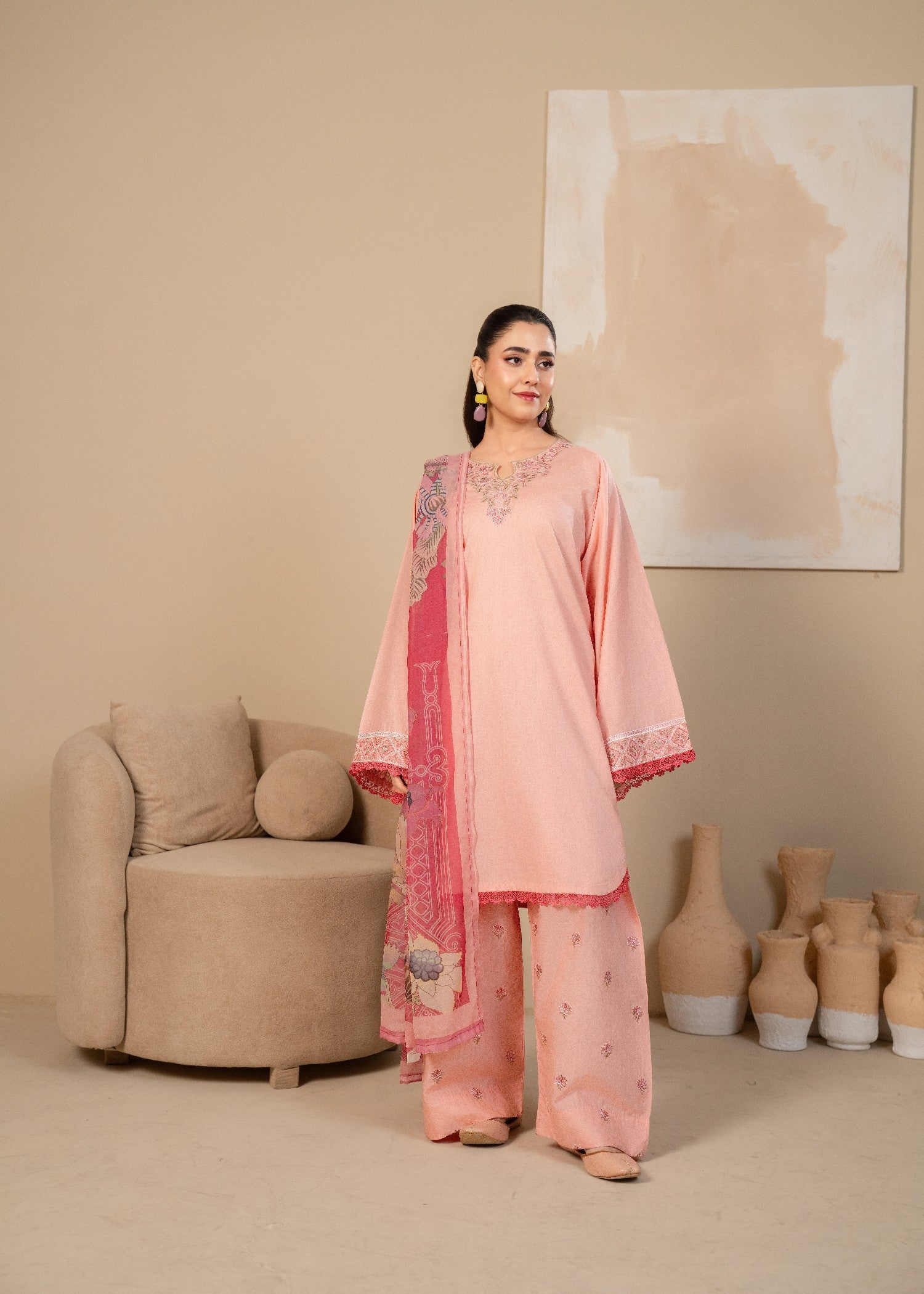 lawn cotton Kurta Set in Light pink